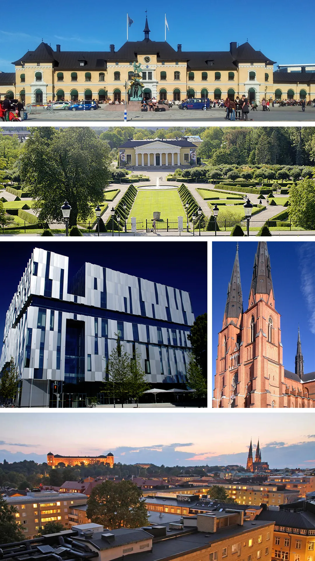 Photo showing: överst:Uppsala centralstation, Uppsala botaniska trädgård. Mitten från höger: Uppsala domkyrka och Uppsala Konsert Kongress (UKK). Underst: Uppsala Slott i samma bild som Uppsala Domkyrka