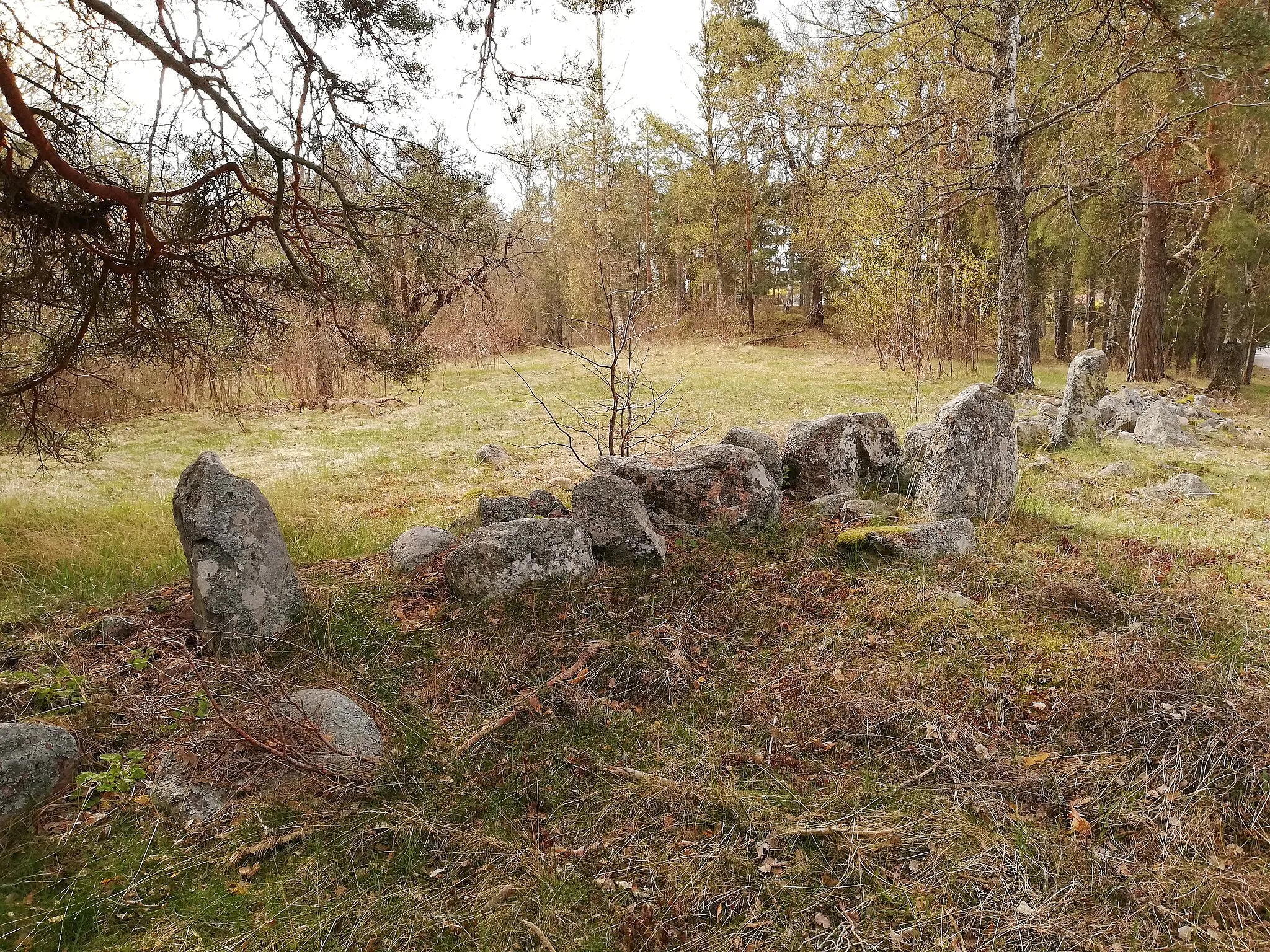 Photo showing: Resta stenar vid nordvästra delen av gravfältet intill Skogsvallen i Hällbybrunn i Eskilstuna kommun.