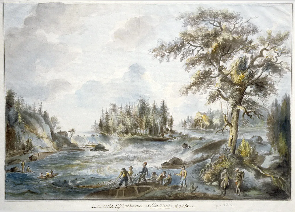 Photo showing: People at Älvkarleby Falls in Uppland.
Watercoloured drawing by Elias Martin, from 1798.
Människor vid Älvkarlebyfallen i Uppland.
Akvarellerad pennteckning av Elias Martin, från 1798.
Collection: The Rosenhane Collection, Library of Swedish National Heritage Board (Vitterhetsakademiens bibliotek )
Parish (socken): Älvkarleby
Province (landskap): Uppland
Municipality (kommun): Älvkarleby
County (län): Uppsala
Photograph by: Jan Eve Olsson
Date: 1995
Persistent URL: kmb.raa.se/cocoon/bild/show-image.html?id=16001000021055

Read more about the photo database (in english): www.kms.raa.se/cocoon/bild/about.html