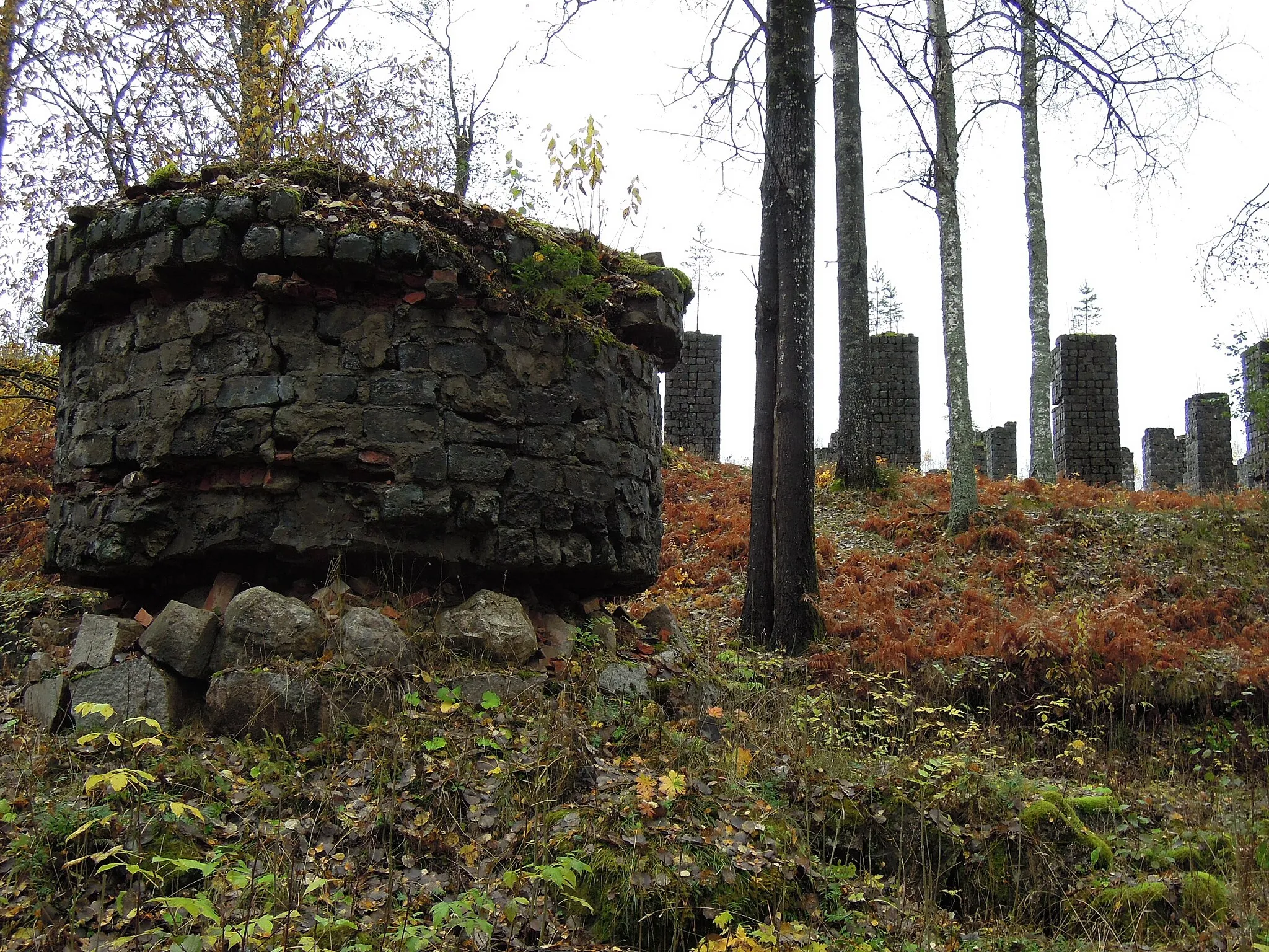 Photo showing: Remnants in year 2012 from the ironworks ”Trummelsbergs bruk” in Fagersta Municipality in Västmanland, Sweden. The ironworks was in operation 1866 – 1907. The stone cylinder was the lower part of the ore-roasting kiln and the stone pillars were supporting the roof of the gigantic charcoal store.