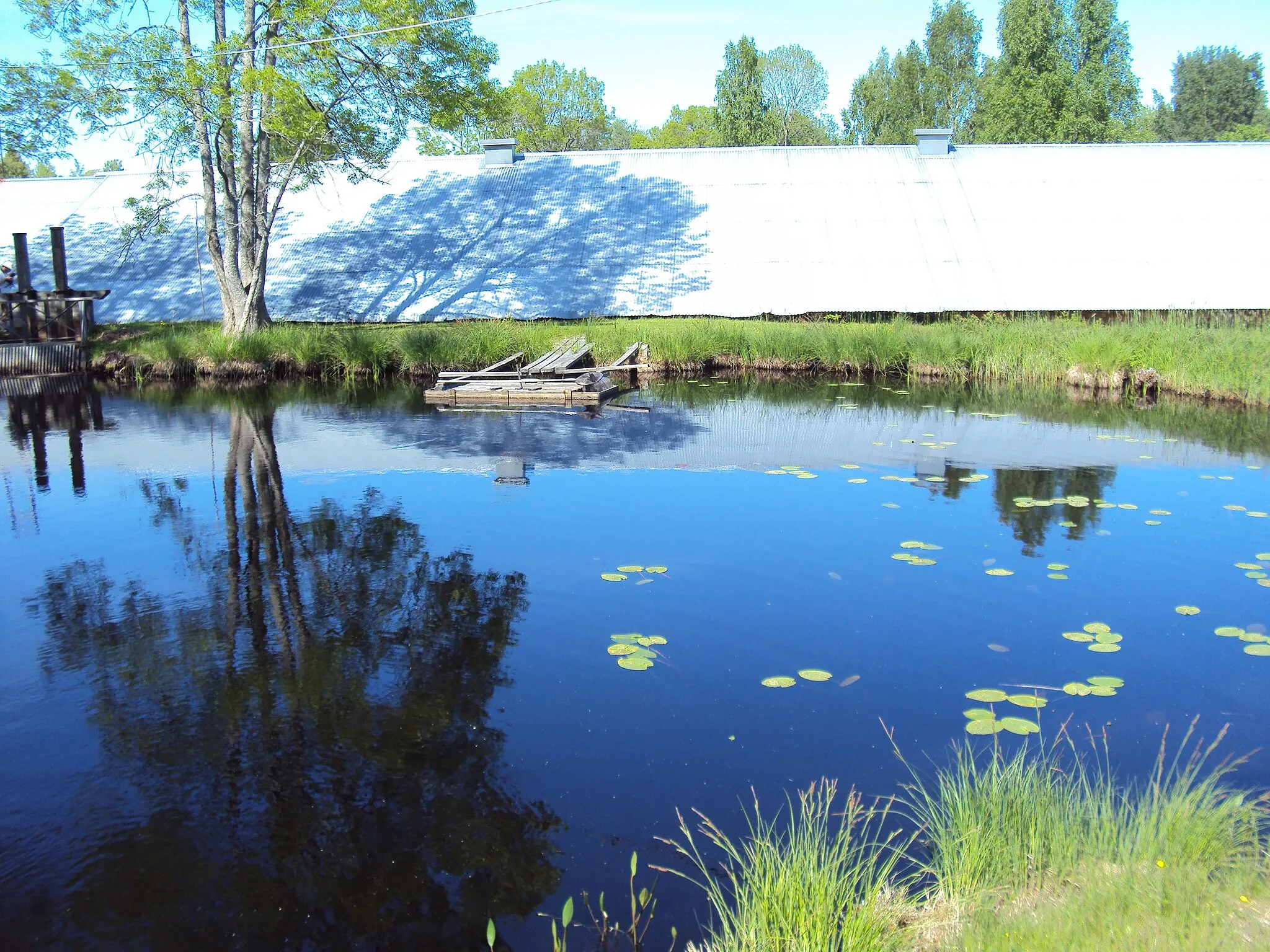 Photo showing: Sjö vid Gammelstilla bruk med brukets tak i bakgrunden