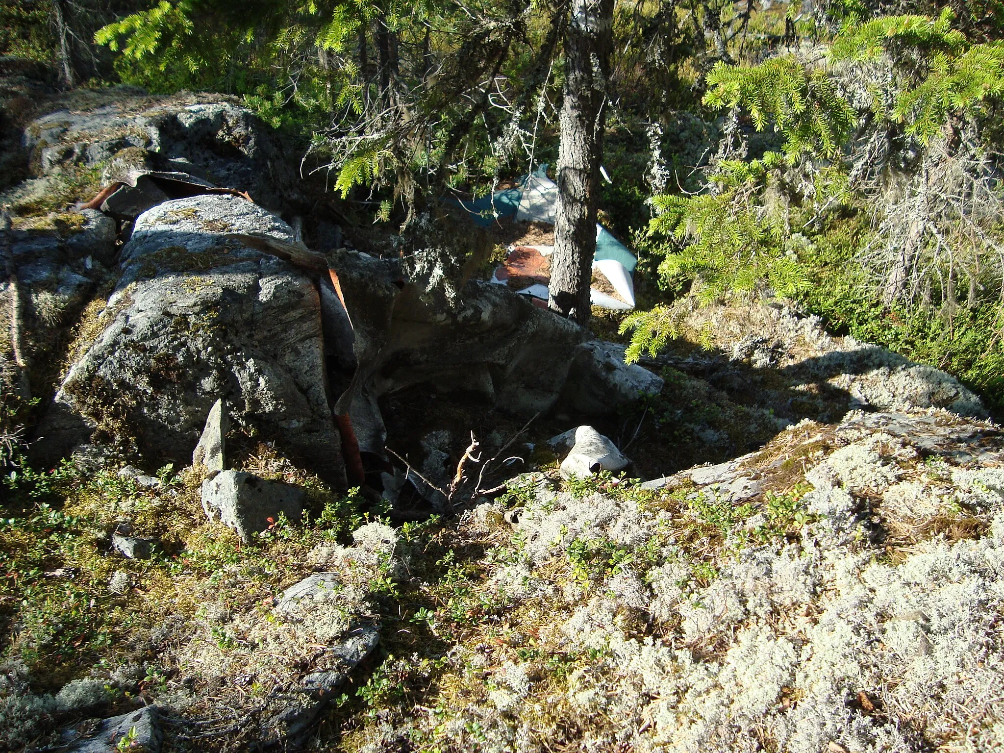Photo showing: Vad som ser ut att vara en gammal nedriven banderoll ligger och skräpar i naturreservatet Hässningberget nära utsiktsplatsen vid Klabbölebänken.