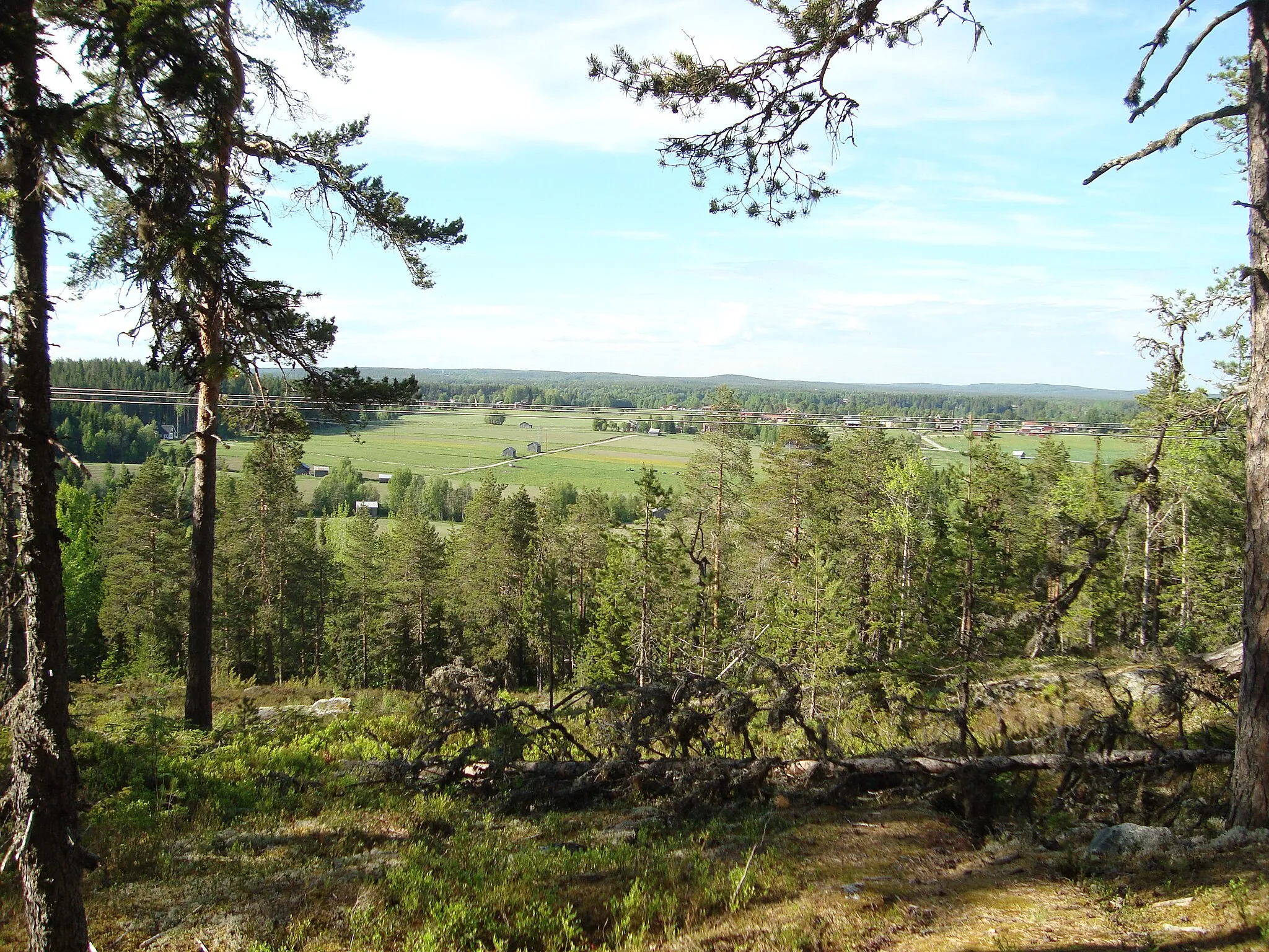Photo showing: Power lines traverse the image and behind them are farmland areas in the village of Klabböle. The scenery is taken from a bench called Klabbölebänken ("The Klabböle bench") in the nature reserve Hässningberget.