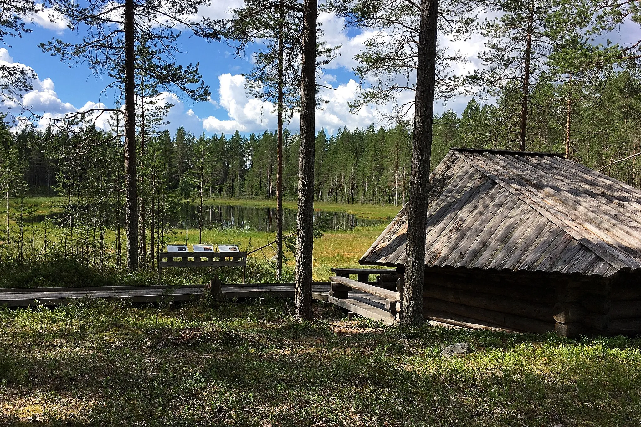 Photo showing: Fattenborg är ett naturreservat i Töre socken, Kalix kommun. I området finns ett stort antal gravar/stensättningar, boplatsvallar och gångsystem från den äldre bronsåldern.
Vindskydd med eldstad vid tjärn.

Bild tagen sommaren 2016.