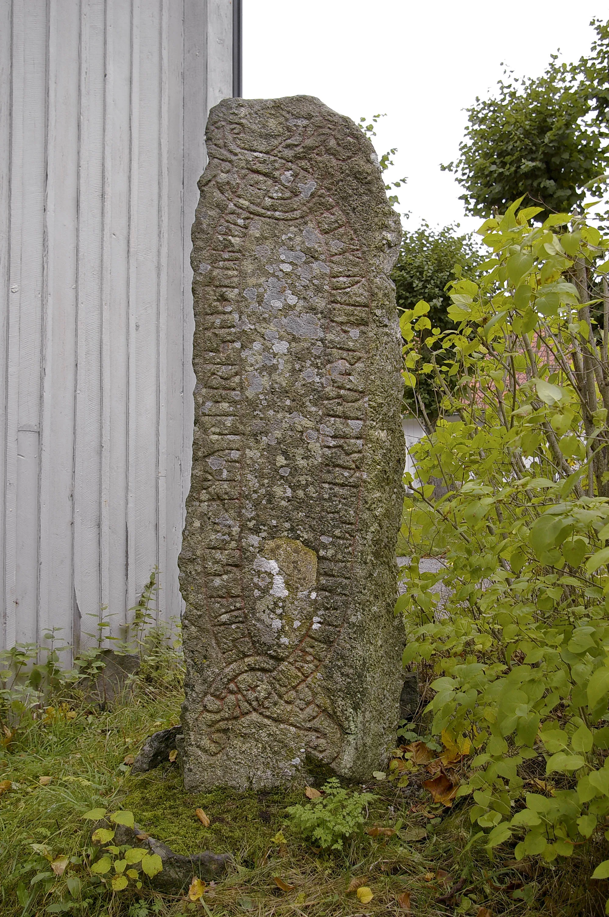 Photo showing: Runestone Sö 268 in Söderby, Södermanland, Sweden.
English translation of runic text: Hjalmviðr raised the stone in memory of Þorgautr, his son. Ámundi carved the runes.
Swedish: Dold bakom en husknut på Söderby gård så står det en runsten från 1000-talet e.Kr, den hittades 1821 i en åker i närheten. Stenen är ristad av den runristaren Amunde och som ristade flera stenar var av vi idag känner till ett tiotal som finns på Södertörn.
Runraden lyder, "hialmuiþr + raisti + stain + at * þorkut + sun sn + amuti + risti + runar".
Det översätts till "Hjälmvid reste sten efter Thorgöt, sin son.  Amunde ristade runorna".

RAÄ Österhaninge 301:1#