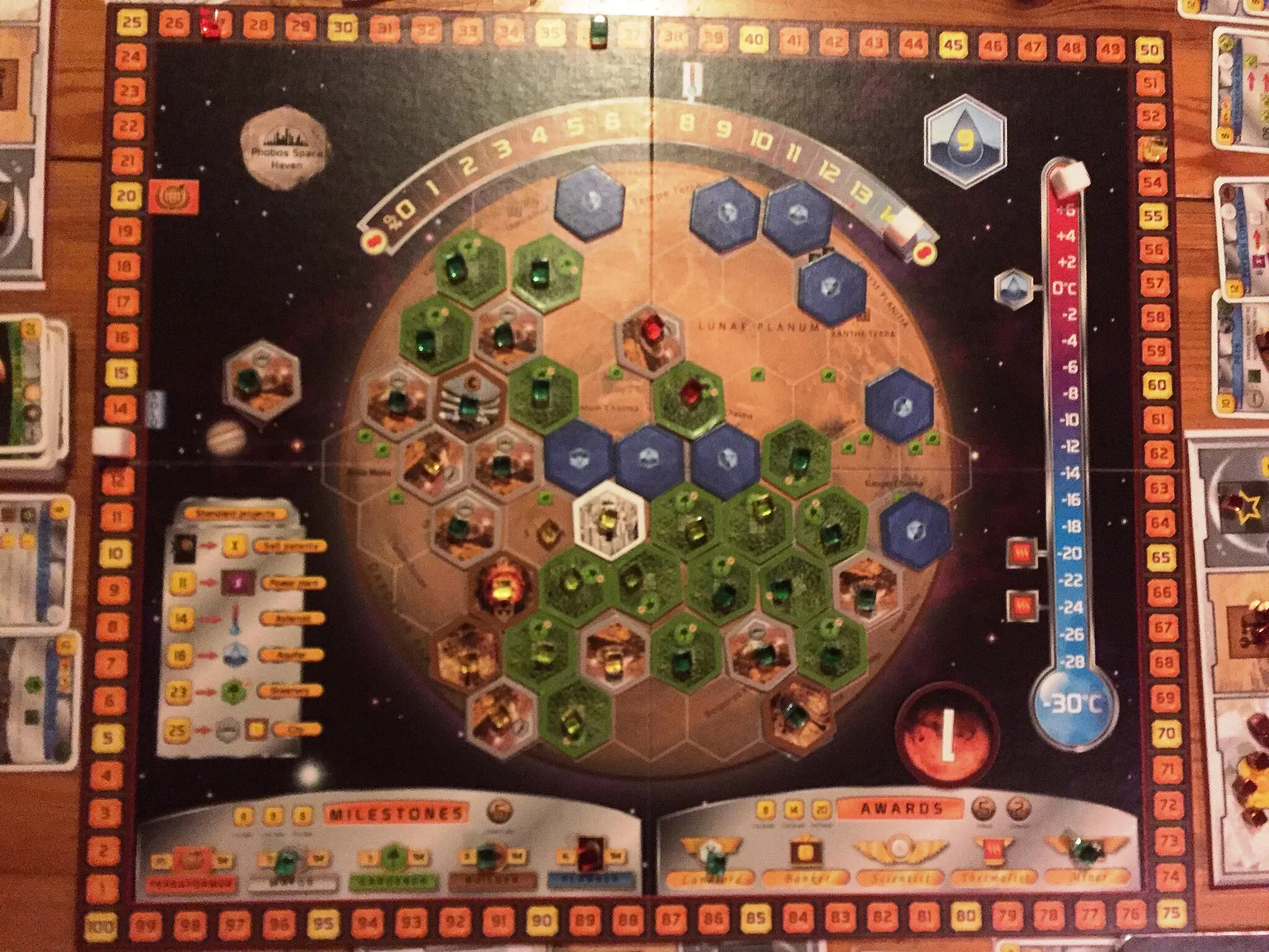 Photo showing: Terraforming Mars spelplan när de tre terraformingkategorierna syre, temperatur och vatten har nått sina högsta nivåer och spelet avslutas.