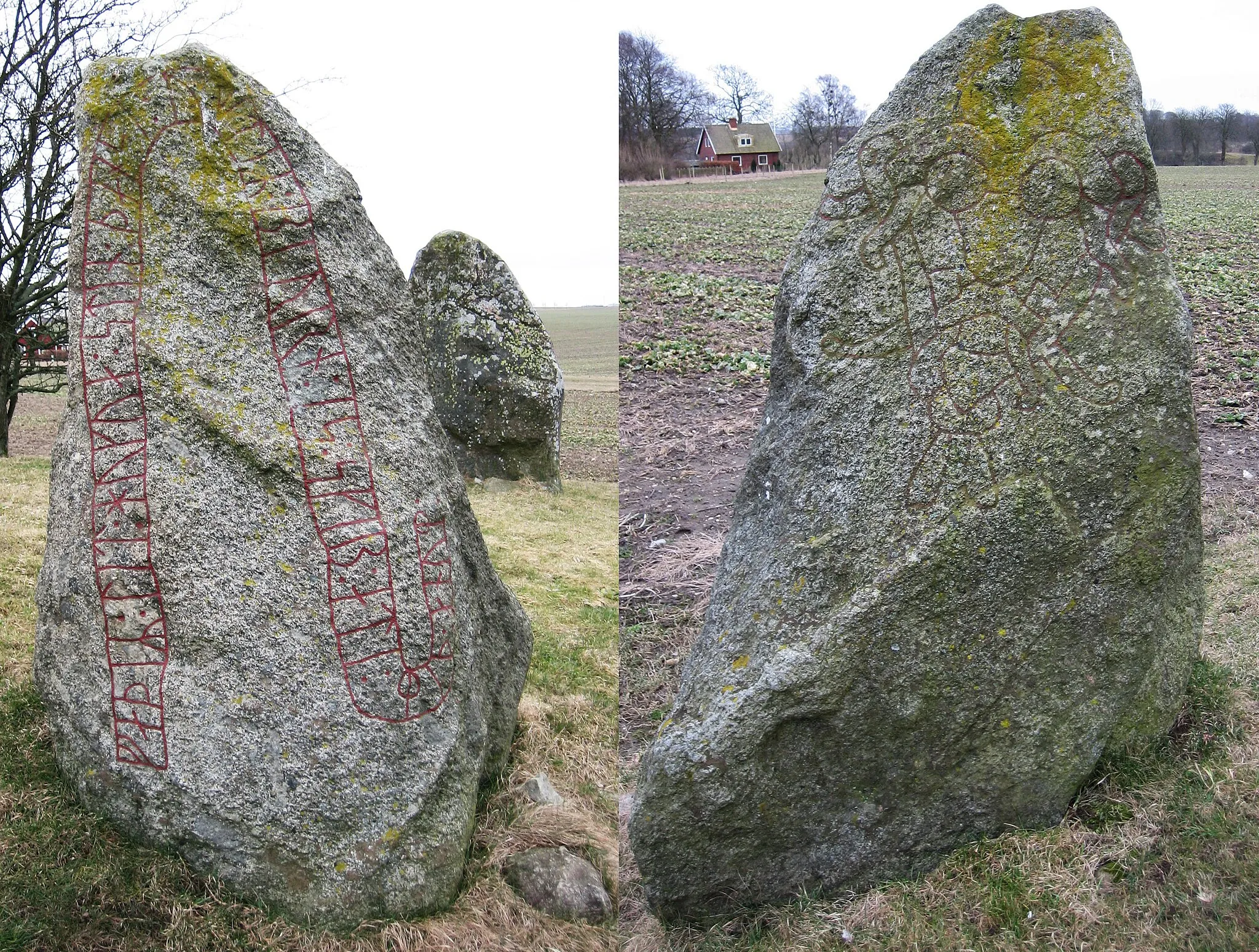Photo showing: DR 335 - Västra Ströstenen 2. The DR 335 runestone at the Västra Strö viking age monument. Photos and merge by the uploader 2009-03-14.