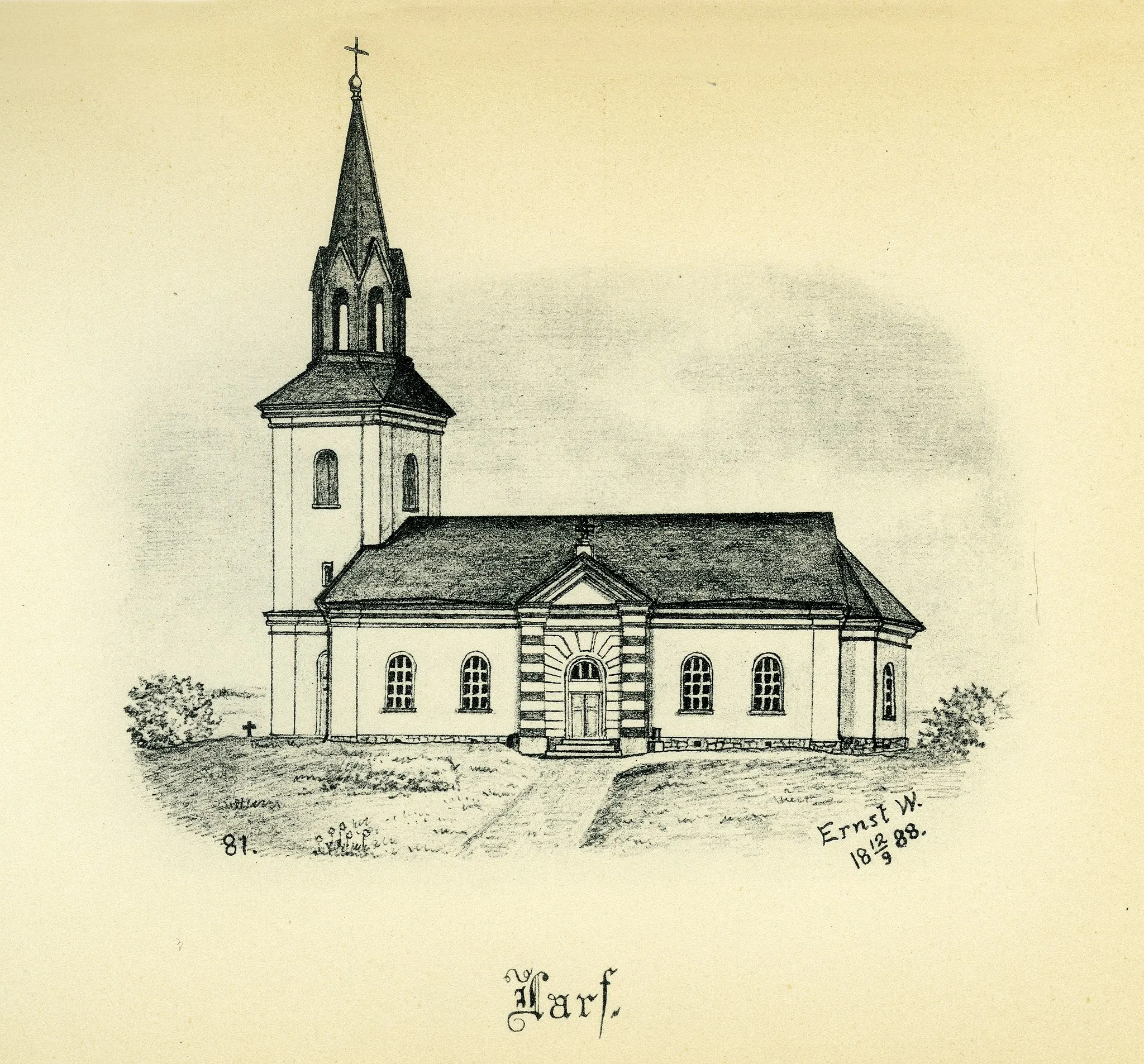 Photo showing: Larvs kyrka år 1888 i Laske härad, Skara stift, Västergötland, Sverige. Teckning av Ernst Wennerblad ur Skara stifts kyrkor (1902).