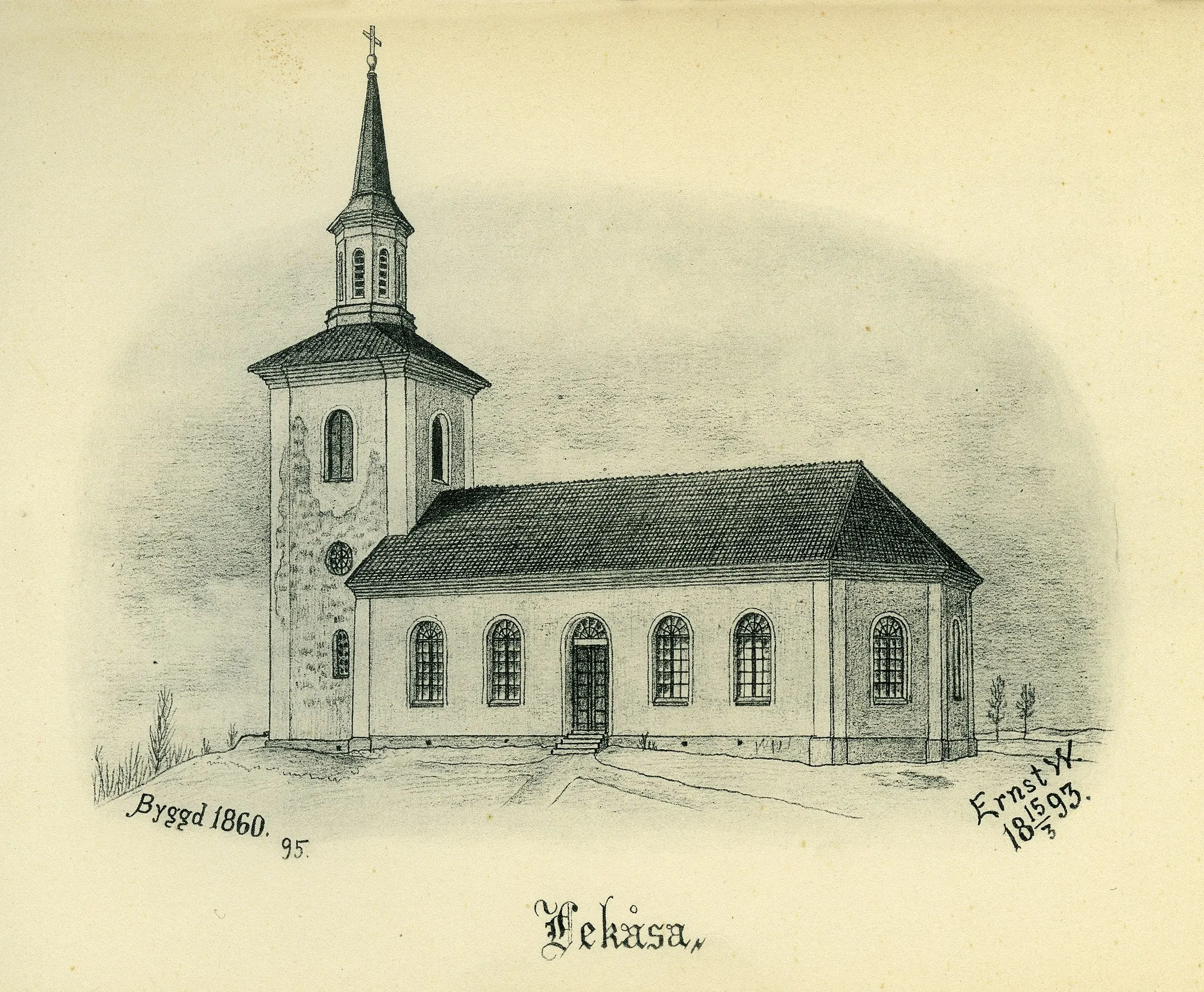 Photo showing: Lekåsa kyrka år 1893 i Barne härad, Skara stift, Västergötland, Sverige. Teckning av Ernst Wennerblad ur Skara stifts kyrkor (1902).