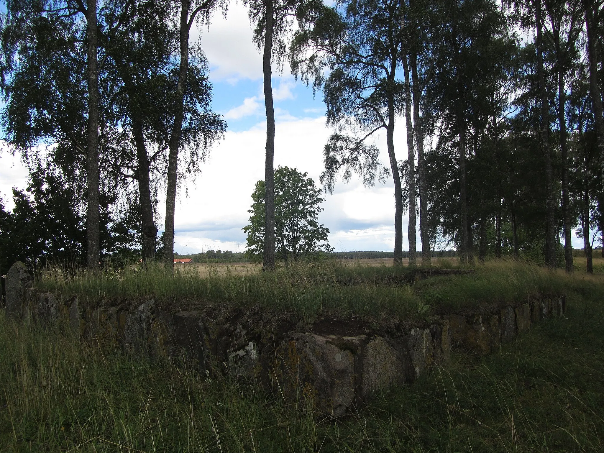 Photo showing: Borga kyrkoruin från väster i södra delen av Edsvära socken. Den ligger på en kulle vid en gårdsbyggnad nära Lidan som rinner i en ravin nedanför platsen. Mellan kyrkoruinen och ån och ovanför ravinen går landsvägen till Falköping.