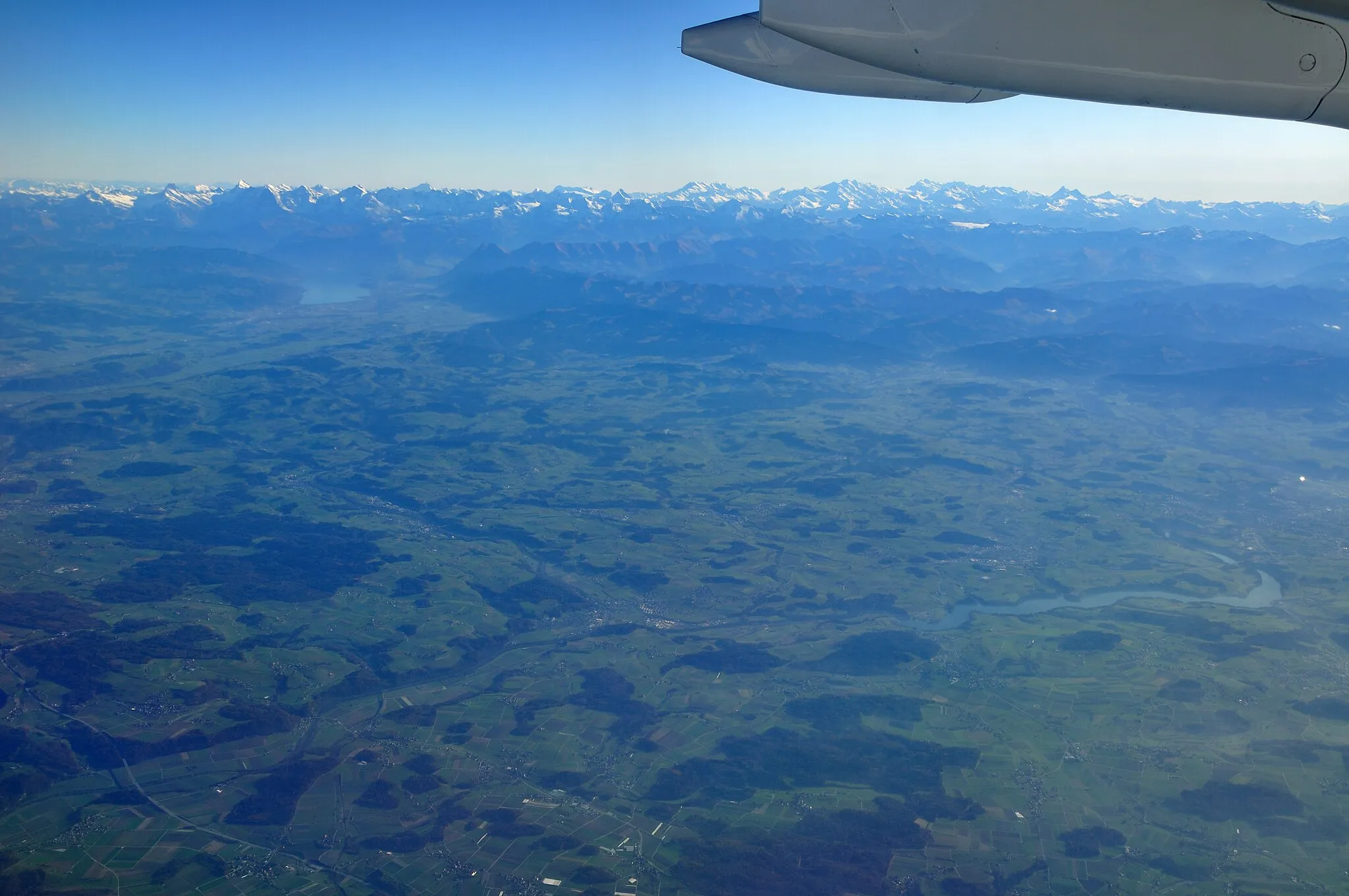 Photo showing: Switzerland, Canton of Bern, aerial view overhead Ins on a clear November day on a flight from Prague to Geneva.