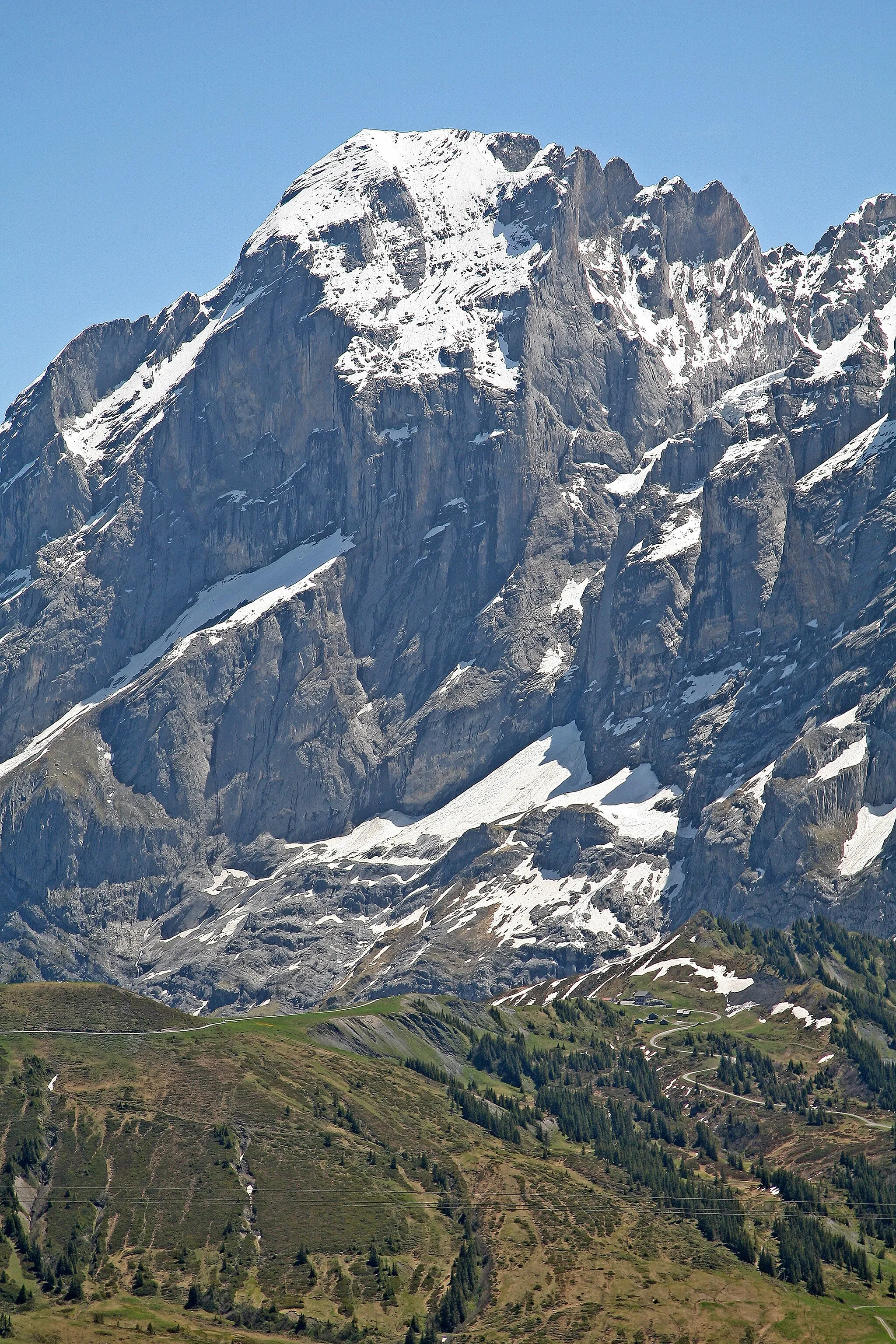 Photo showing: View from the First to the Grosse Scheidegg (bottom center) and the Mittelhorn massif (3,702 meters above sea level). The Grosse Scheidegg lies at an altitude of 1,960 meters above sea level and is a pass that connects Grindelwald with Meiringen.