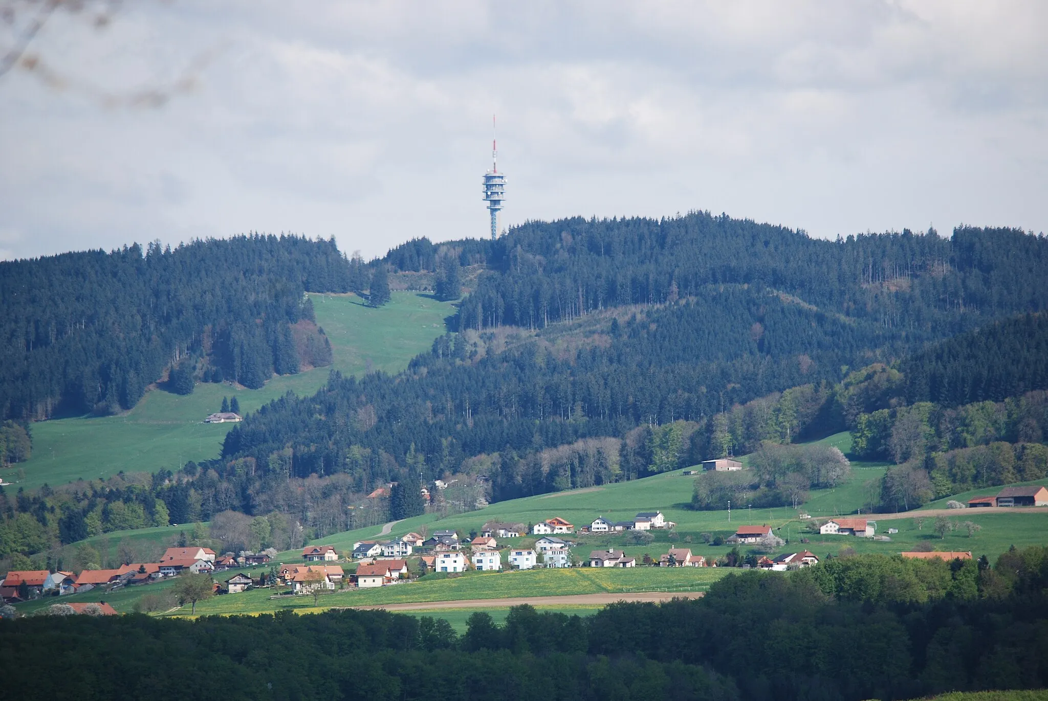 Photo showing: Mount Gibloux seen from Villaz-Saint-Pierre, canton of Fribourg, Switzerland - Mount Gibloux with the Swisscom tower in the back