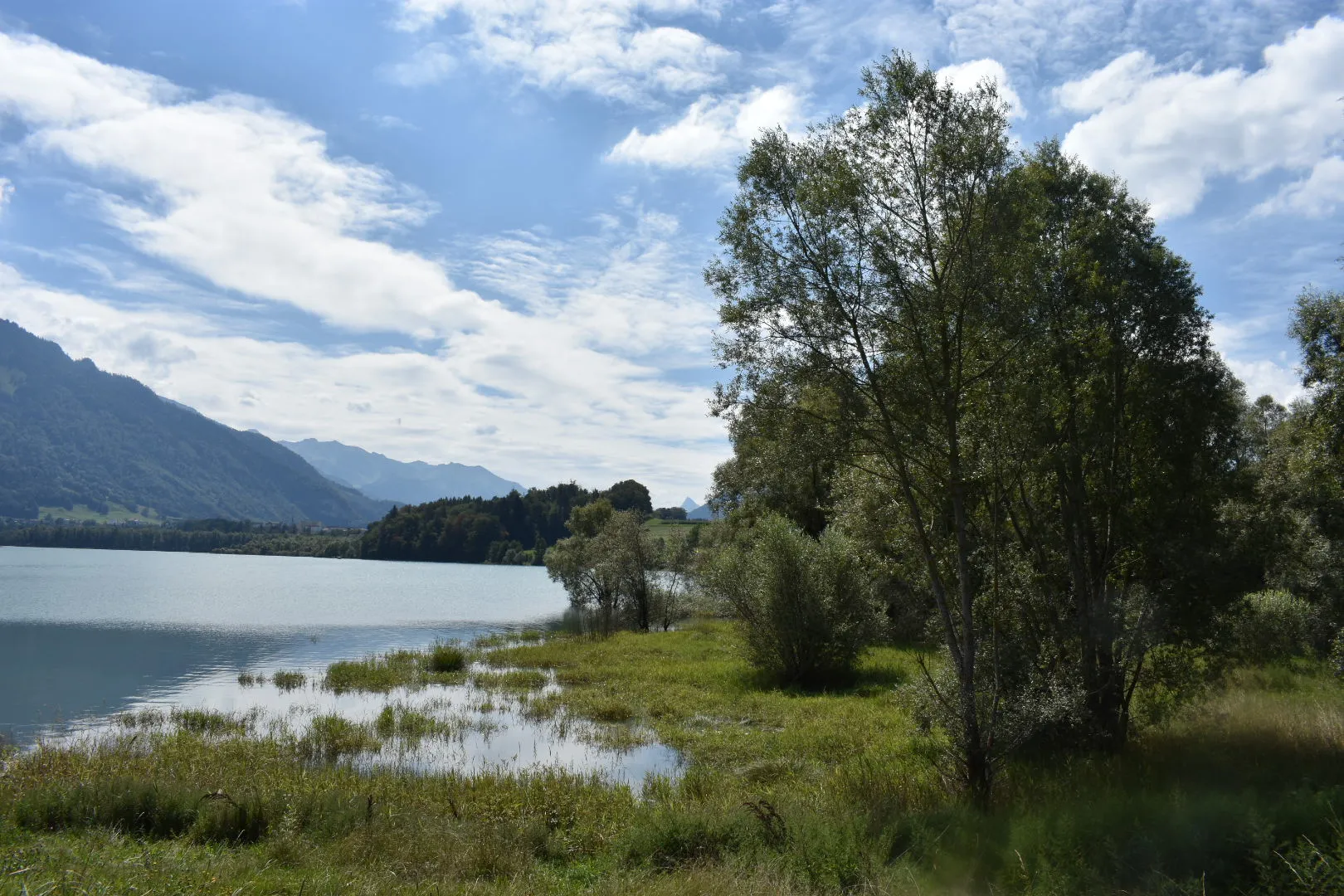 Photo showing: View of the Dent de Broc from Morlon Plage, by Lake Gruyère. Switzerland may be landlocked, but it has its fair share of beaches, one of them being Morlon Plage by Lake Gruyère with its bucolic scenery and family friendly setting.