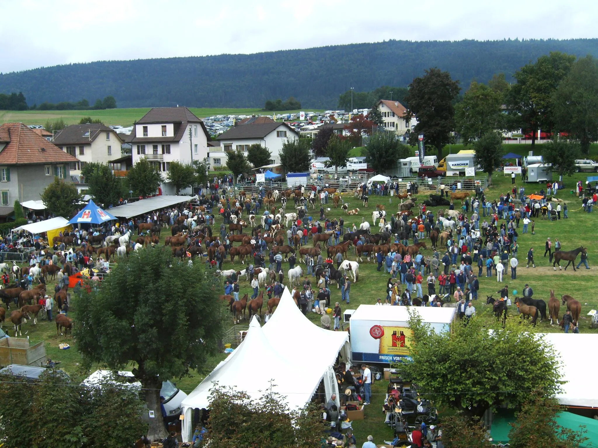 Photo showing: Champ de foire, Foire de Chaindon 2007 à Reconvilier (canton de Berne, Suisse).

Prise de la photo : depuis l'école primaire en direction du nord-ouest.