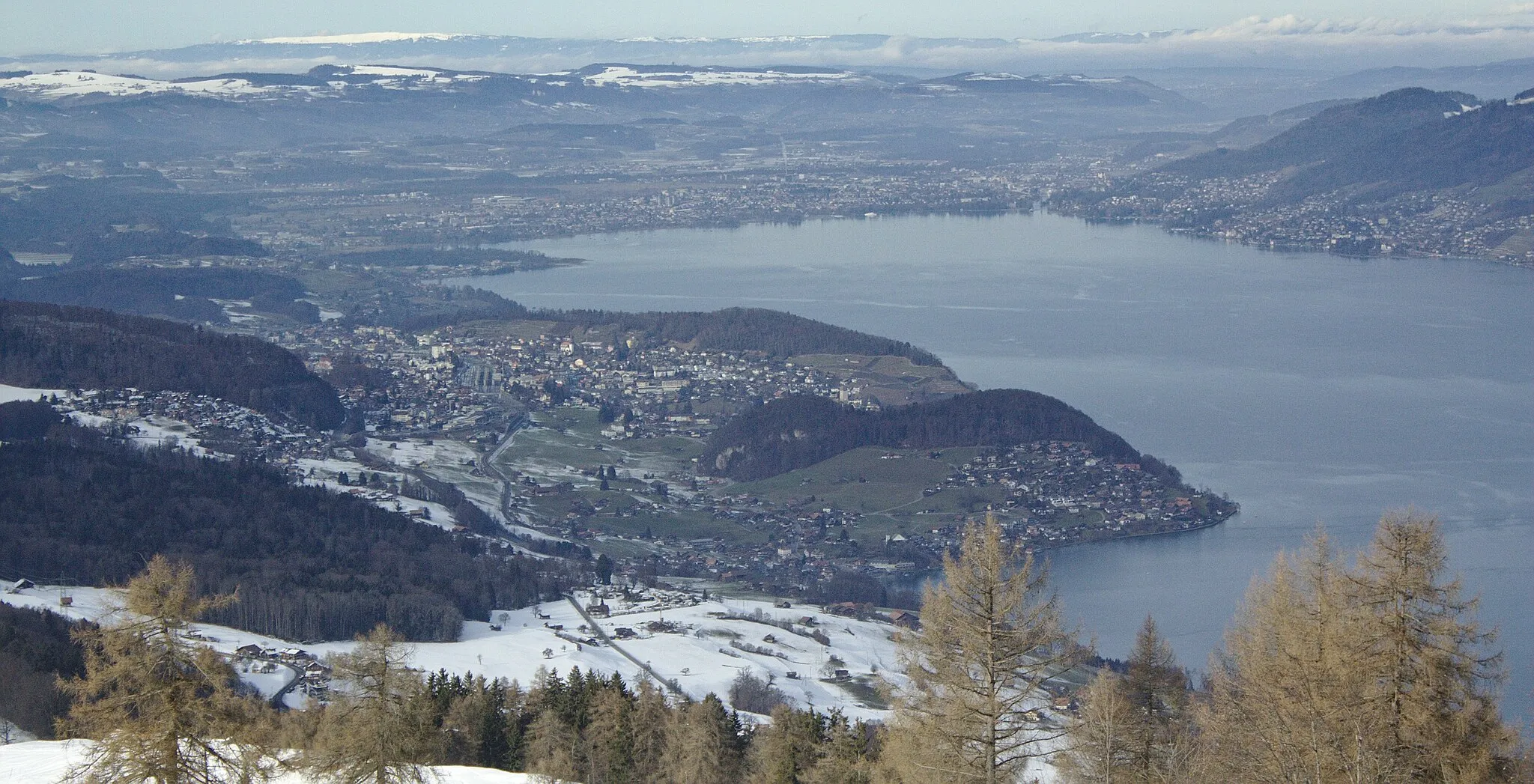 Photo showing: View on Spiez, Faulensee and Thun at the Thunersee. Taken from above Aeschiried.