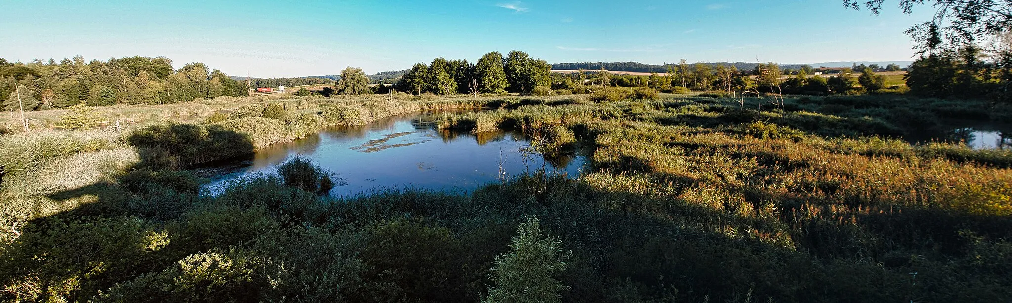 Photo showing: View of the Ottisbergmoos from the Mösli tower in Guin/Düdingen, canton of Fribourg, Switzerland. This protected area is registered in three nationally significant inventories: the Federal Inventory of Amphibian Spawning Areas,  the Federal Inventory of Raised and Transitional Bogs and the Federal Inventory of Fenlands of National Importance.