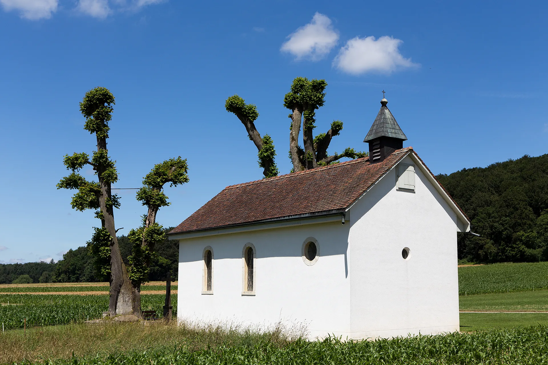 Photo showing: Kapelle St. Immer mit zwei etwa 700-jährigen Linden in Lugnez (JU)