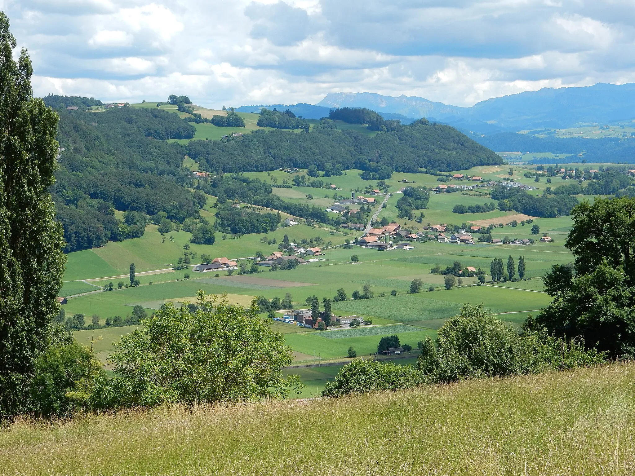 Photo showing: Gelterfingen vom Längenberg aus gesehen, mit Gürbetal und der Belpberg.