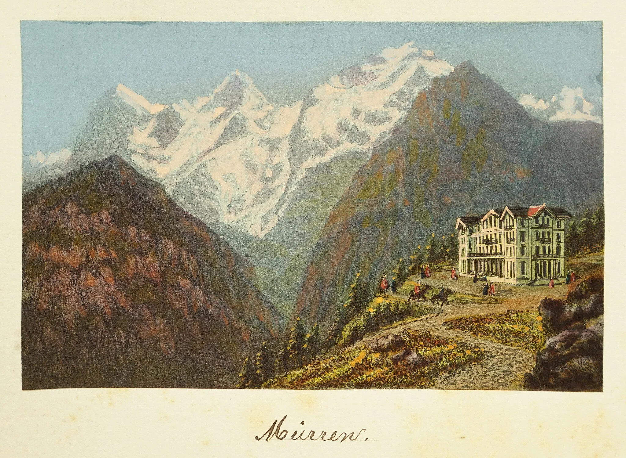 Photo showing: Johann Heinrich Müller, 1825-1894: Mürren, "Grand Hôtel des Alpes", shortly after it opened in 1874. In the background: Eiger, Mönch and Jungfrau. Etching, hand-coloured, 6.4 x 10.0 cm