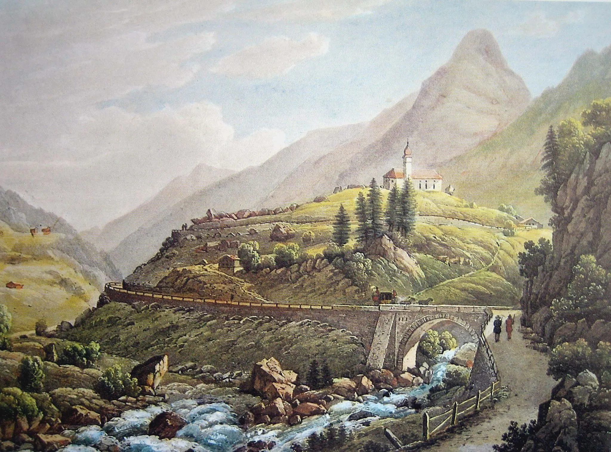 Photo showing: Gotthardpost bei Wassen, 1845, Aquatinta von Weber nach Zeichnung von Straub