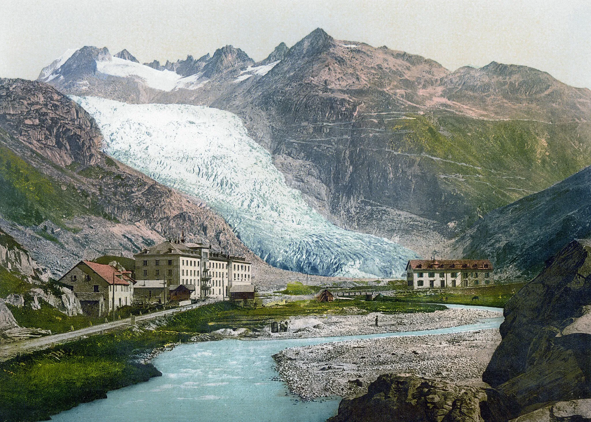 Photo showing: Der Rhonegletscher mit Gletsch und Furkapass um 1900