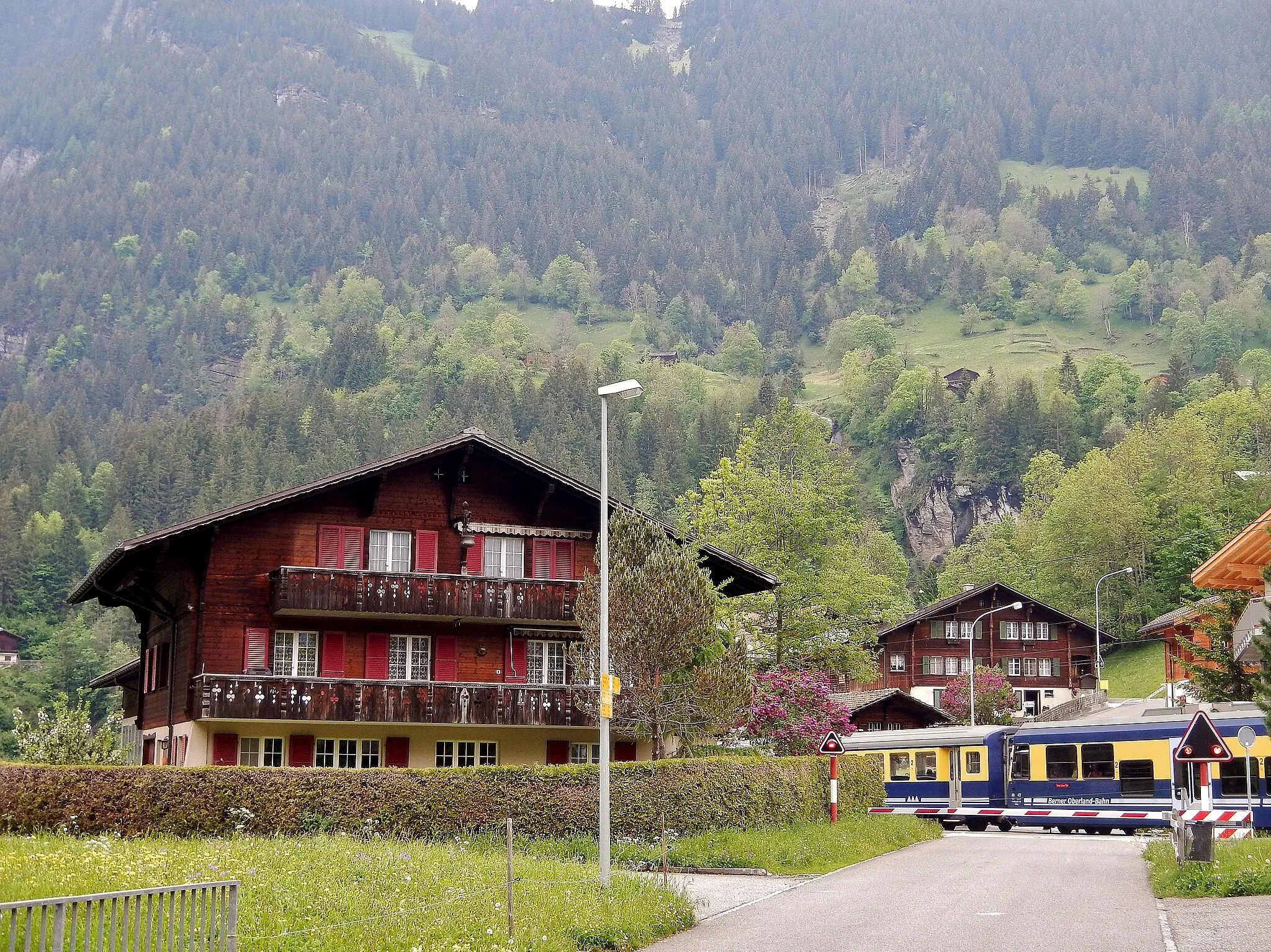Photo showing: Berner Oberland-Bahn beim Bahnhof von Burglauenen