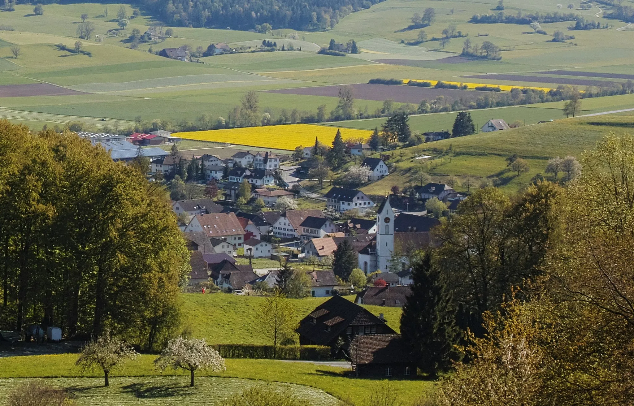 Photo showing: Naturpark Thal: View of Laupersdorf from the hiking trail to Höngen (cropped version).