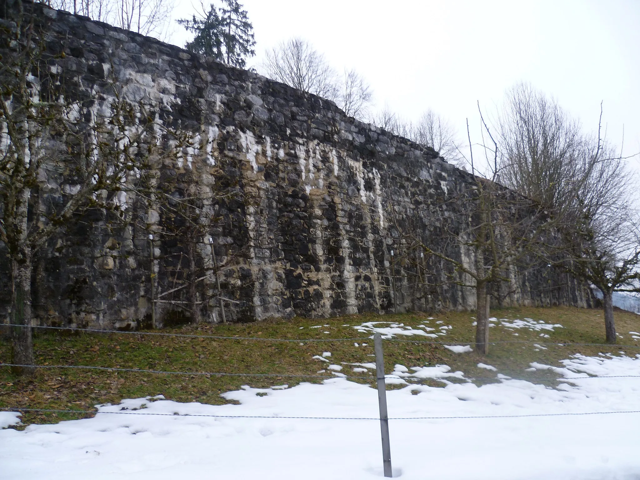 Photo showing: Die 45 Meter lange, gut erhaltene Südmauer der Burgruine Weissenburg in der Schweizer Gemeinde Därstetten.