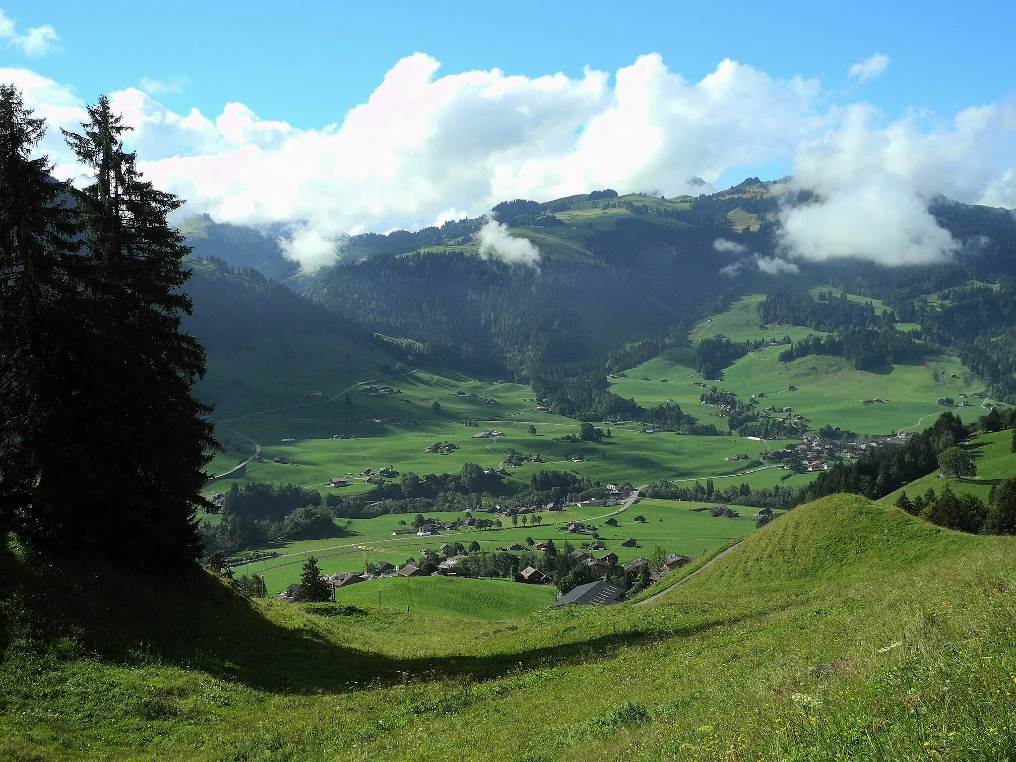 Photo showing: Le Pays d'EnHaut, la Sarine, Les Moulins et le Mont Chevreuils vus depuis Château-d’Oex, Vaud, Suisse