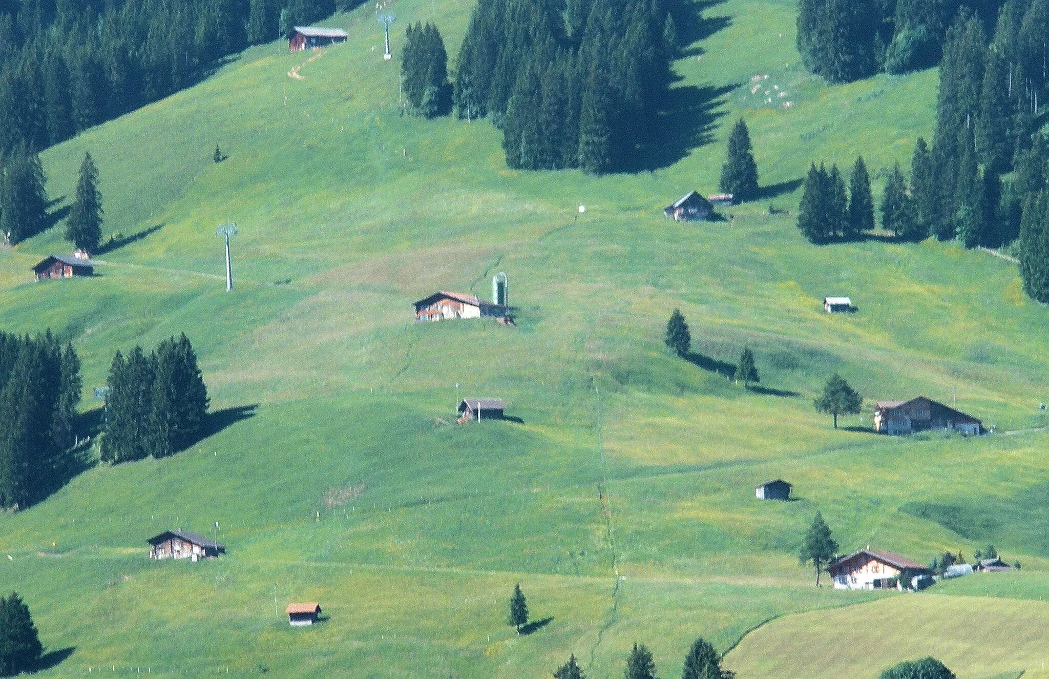 Photo showing: Typical dispersed settlement of Bernese Alpine house type "Frutighaus". Adelboden, Kuonisbärgli (site of FIS giant slalom).