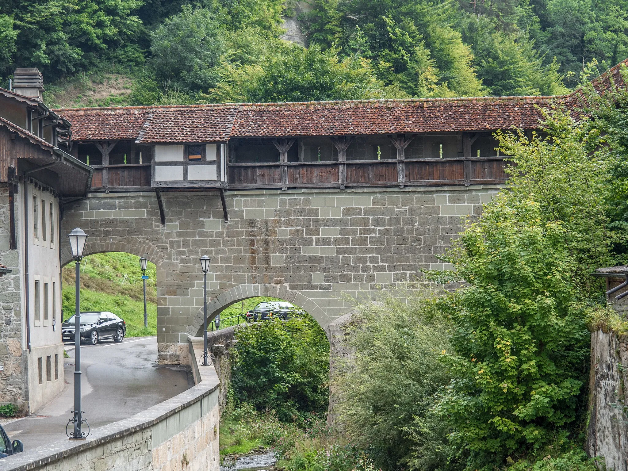 Photo showing: Gottéron Fortification Covered Bridge over the Gottéron River, Fribourg, Canton of Fribourg, Switzerland