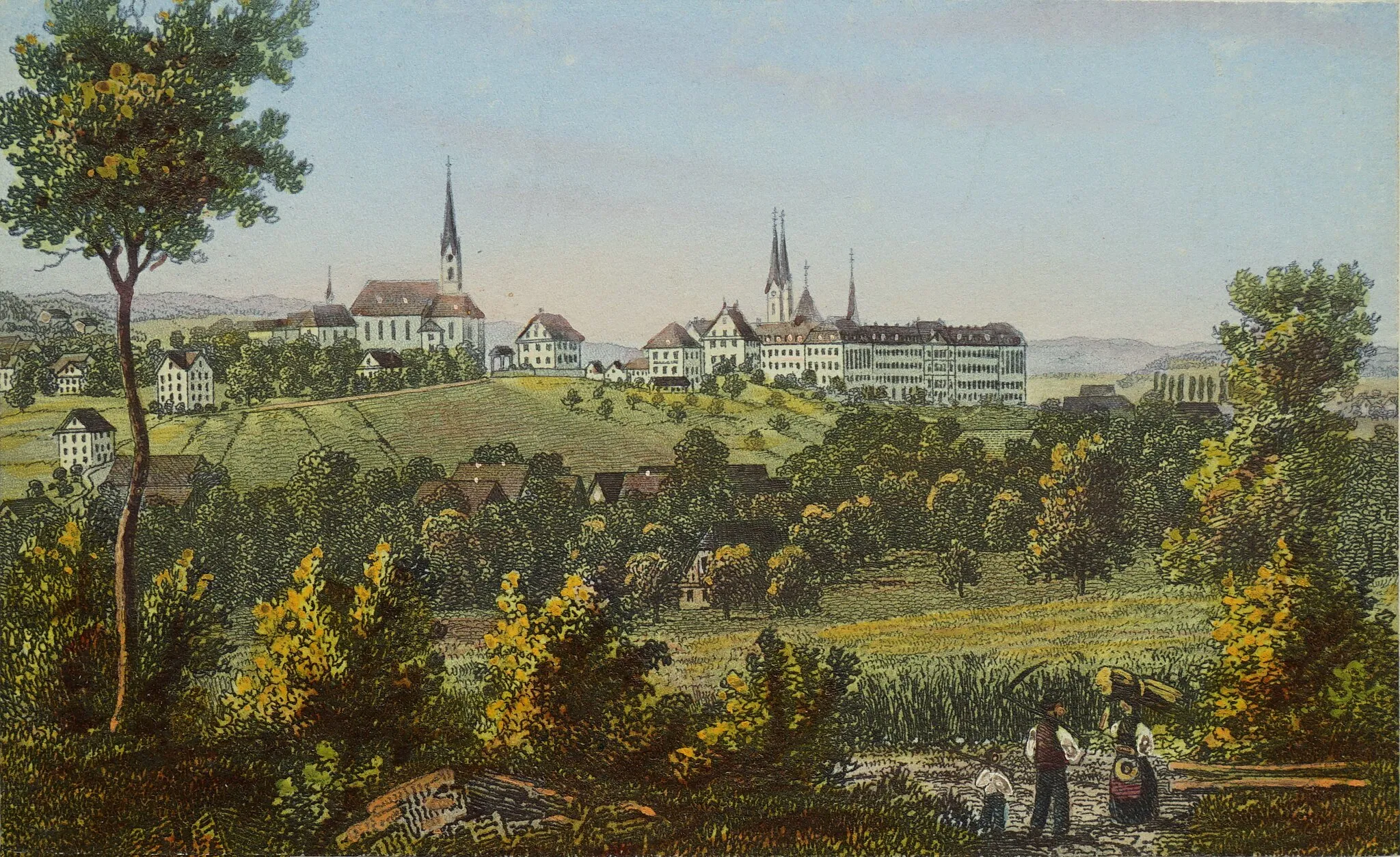 Photo showing: Johann Heinrich Müller, 1825-1894: Muri monastery; around 1870/80. Etching, hand-coloured, 5.6 x 9.2 cm