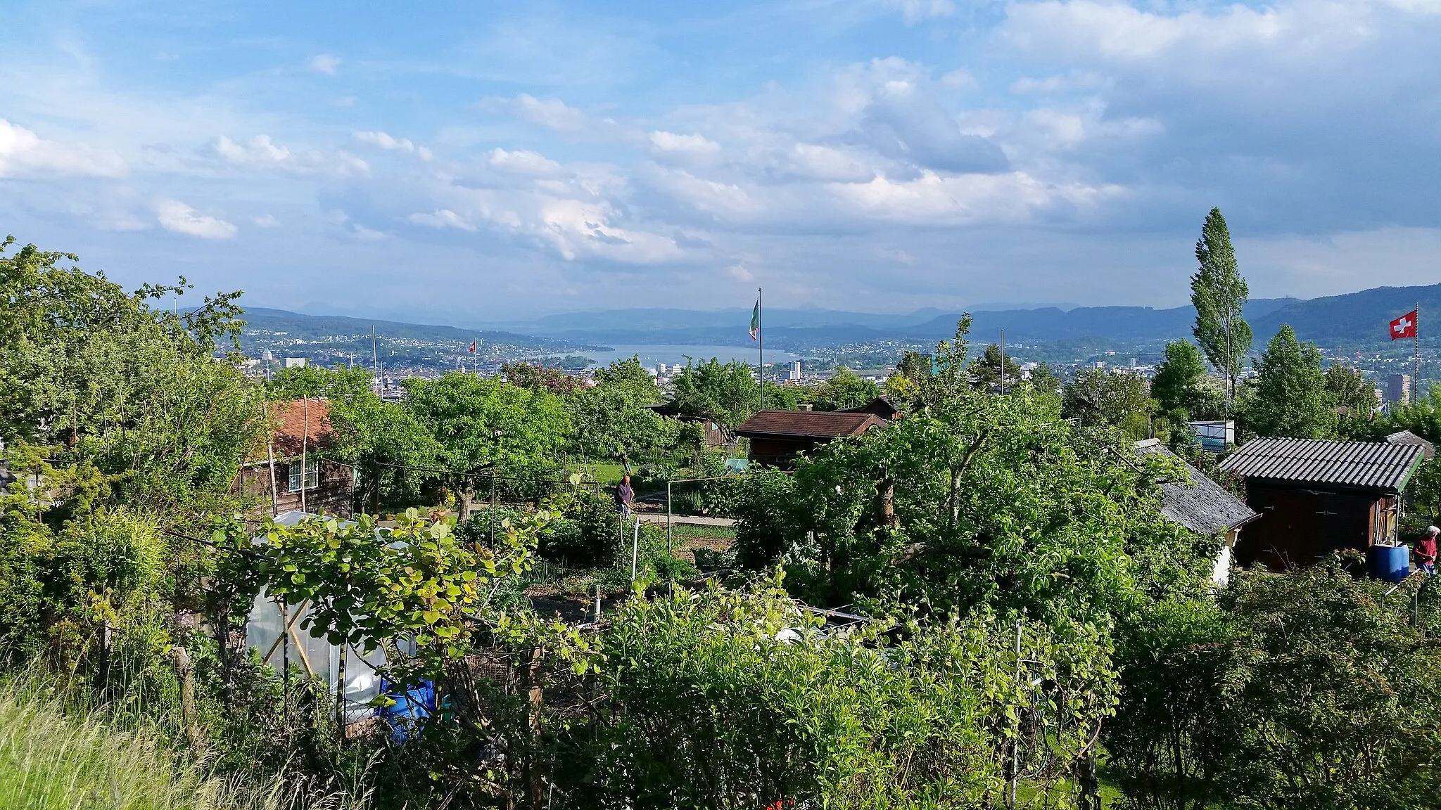 Photo showing: Views from Käferberg in Zürich (Switzerland) towards Zürichsee : Adlisberg and Pfannenstiel to the left, Zürich-City and Limmat Valley, Zimmerberg plateau, Albis and Sihl Valley to the right.