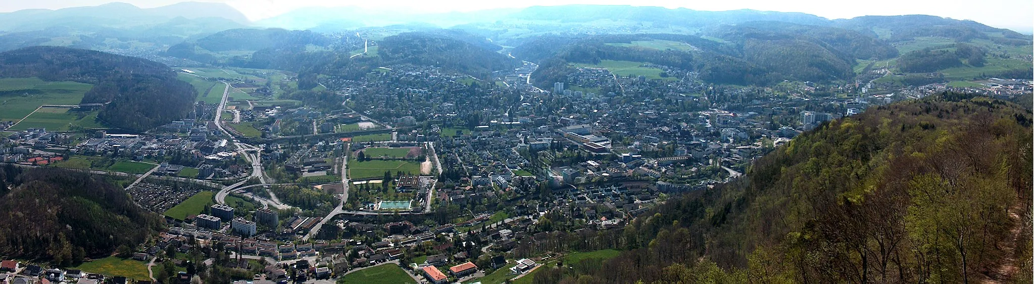 Photo showing: View over Liestal from lookout at the top of Schleifenberg, photomontage