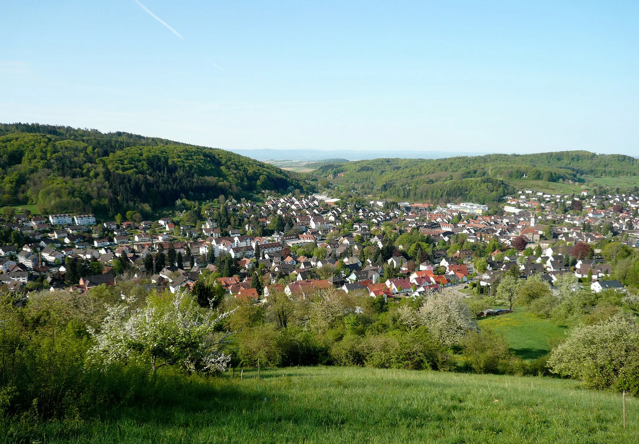 Photo showing: Town of Kandern, seen from the hilltop of the Häßler. The hill in the background right is the Böscherzen, topped by the war memorial.