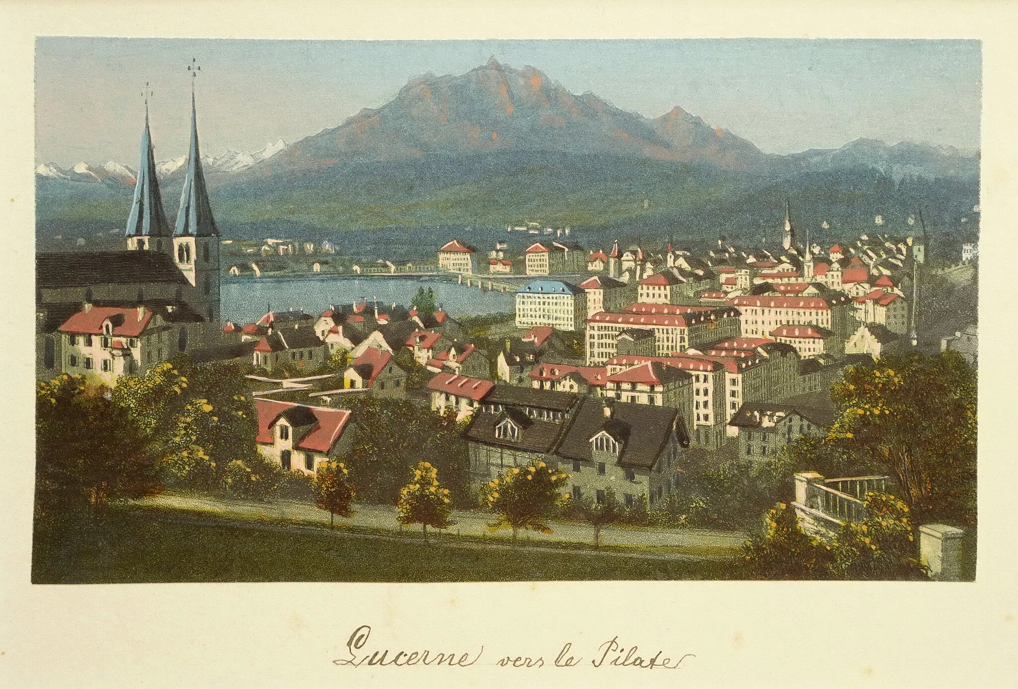 Photo showing: Johann Heinrich Müller, 1825-1894: Lucerne and Mount Pilatus. Etching, hand-coloured, 6.5 x 11.3 cm