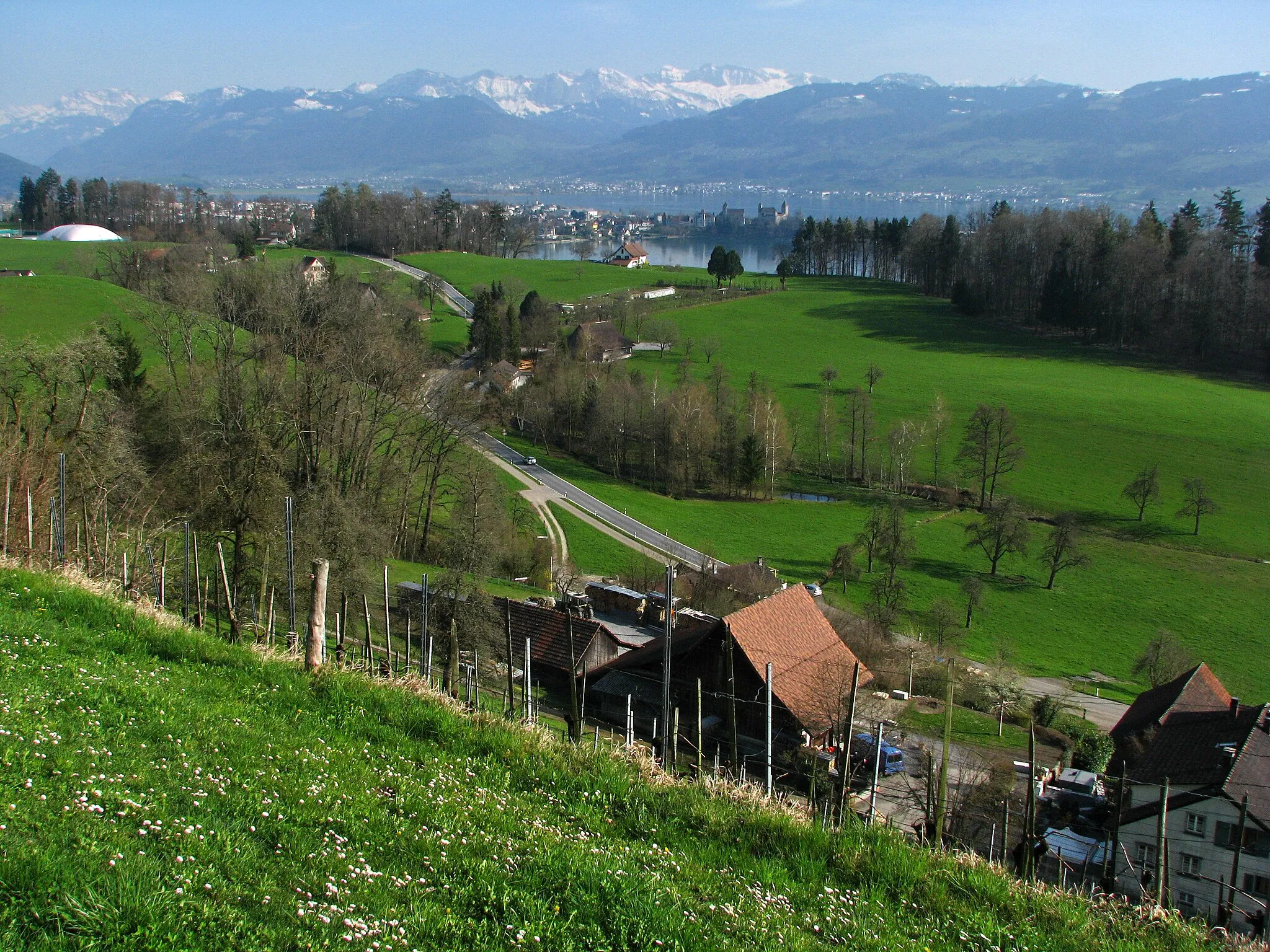 Photo showing: Schlatt in Hombrechtikon (Switzerland), Kempraten and Rapperswil in the background.
