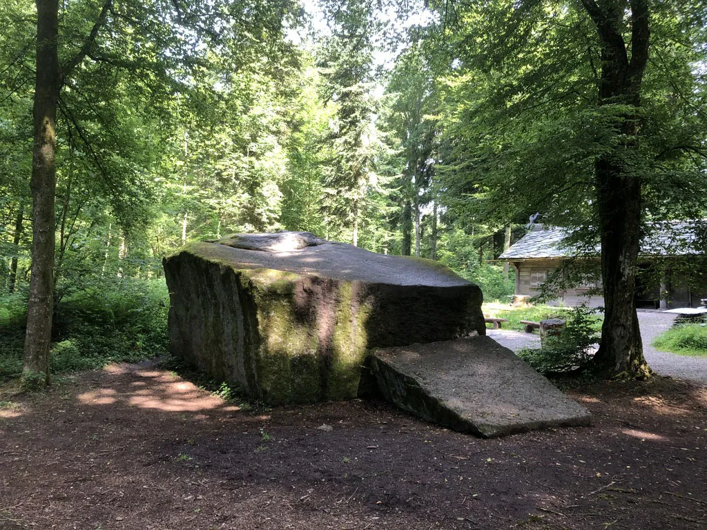 Photo showing: Grosser Römerstein bei Lenzburg mit Bruchstück auf der Ostseite; Spuren von Bearbeitung. Im Hintergrund die «Römersteinhütte»