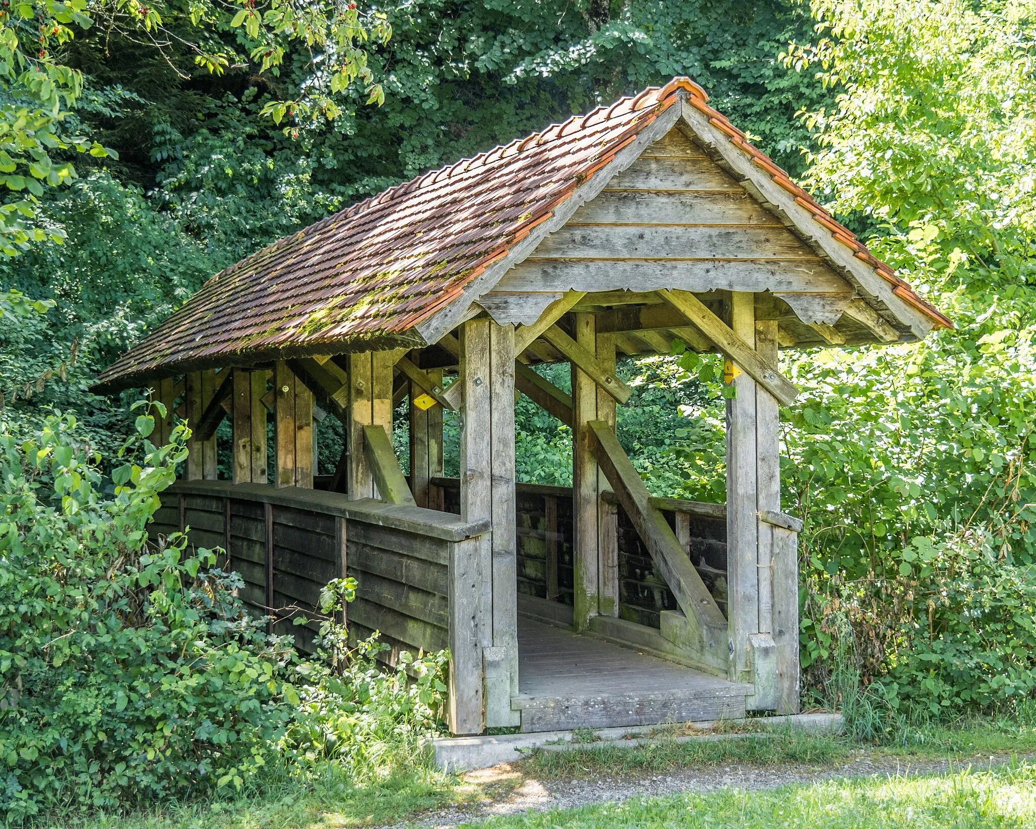 Photo showing: Covered Wooden Pedestrian Bridge over the Tanneggerbach, Fischingen, Canton of Thurgau, Switzerland