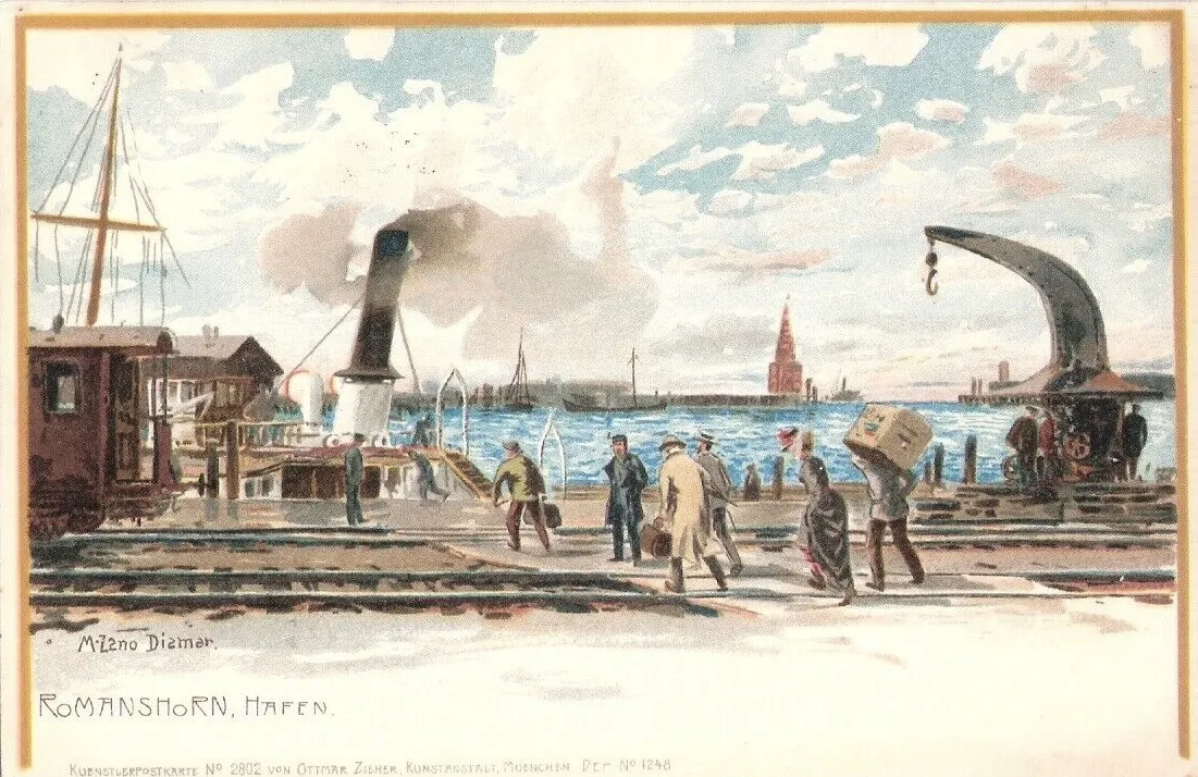 Photo showing: Michael Zeno Diemer, “Romanshorn, Hafen”, watercolour printed as postcard
