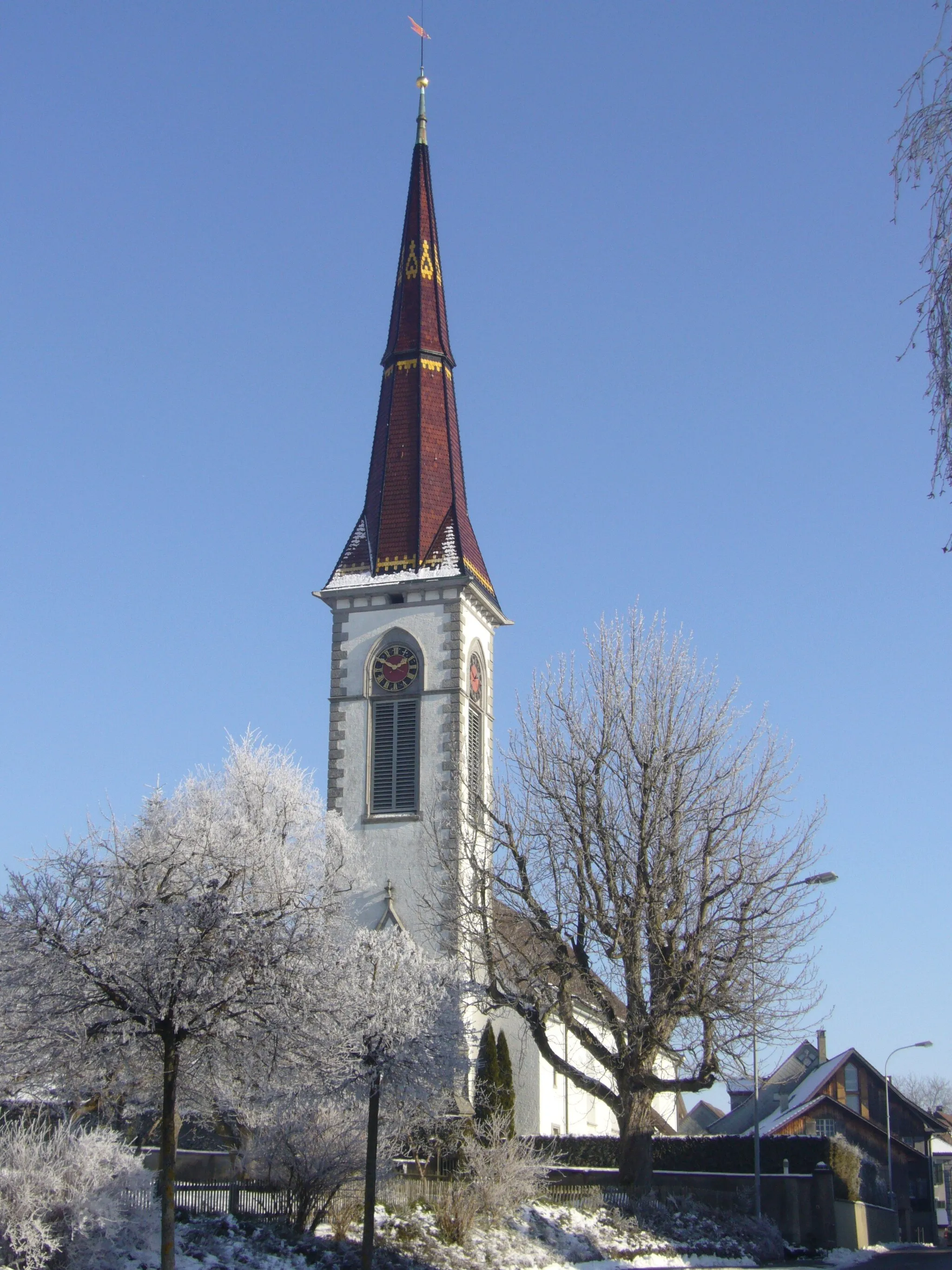 Photo showing: Kirche und Wohnhäuser an der Hauptstraße zu Stettfurt.