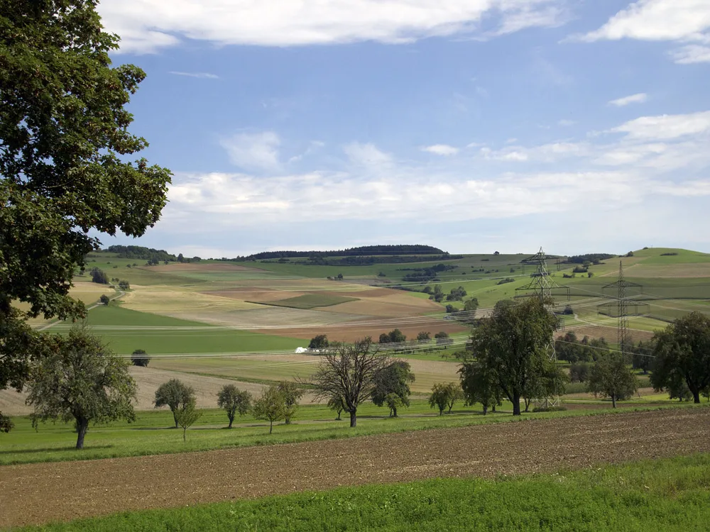 Photo showing: Landschaft bei Watterdingen in Tengen (8/2011); vorne zwei Höchstspannungsfreileitungen, linker Mast Nord-Süd-Leitung im Abschnitt Herbertingen–Tiengen (Bl. 4510)