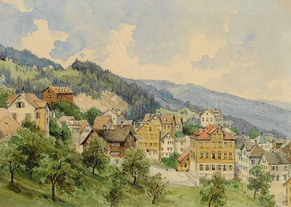 Photo showing: Walzenhausen (Kanton Appenzell Ausserrhoden), Pencil and watercolours, 19 × 26.5 cm