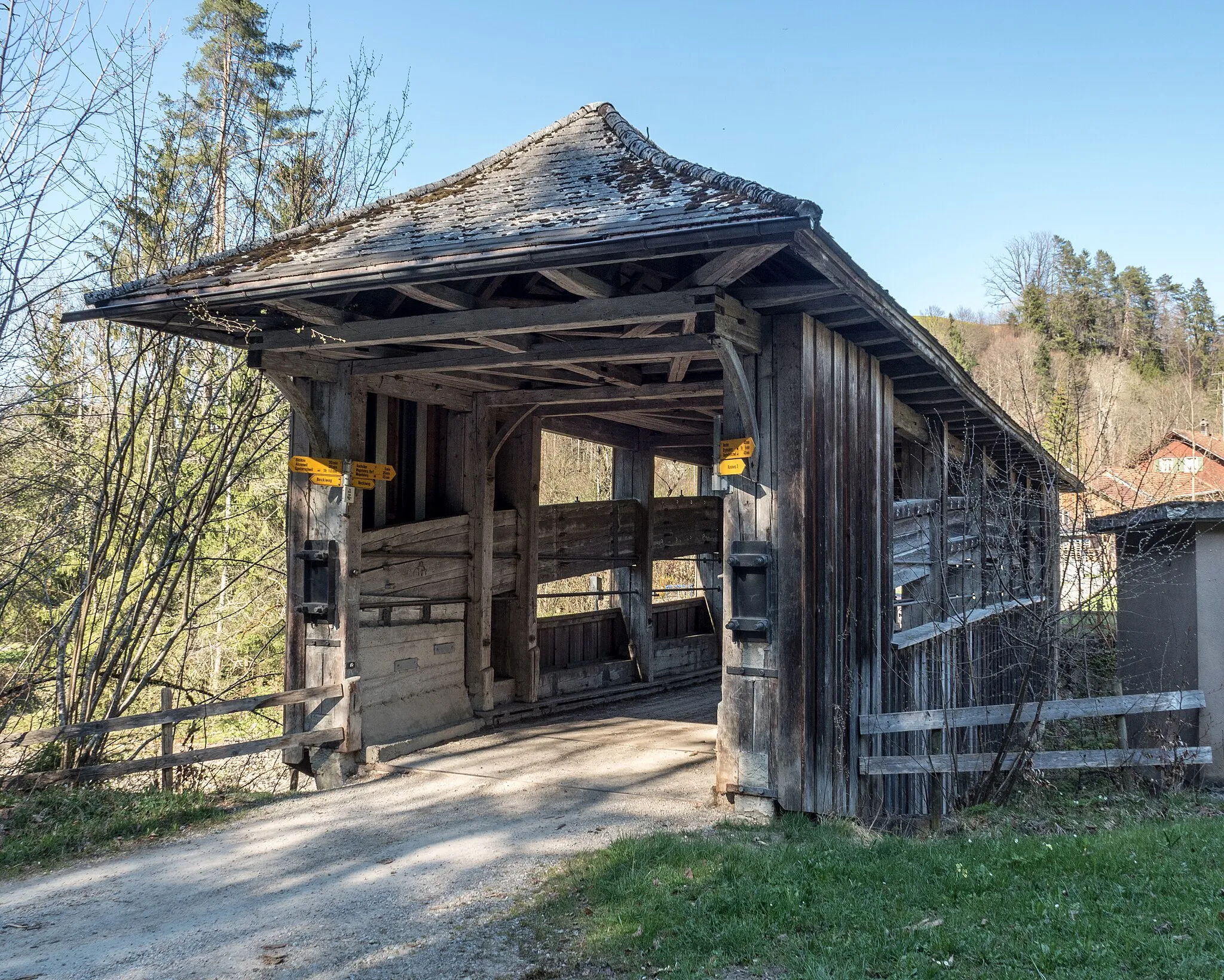 Photo showing: Achsaege Covered Wooden Bridge over the Necker River, Mogelsberg - Oberhelfenschwil, Canton of St. Gallen, Switzerland