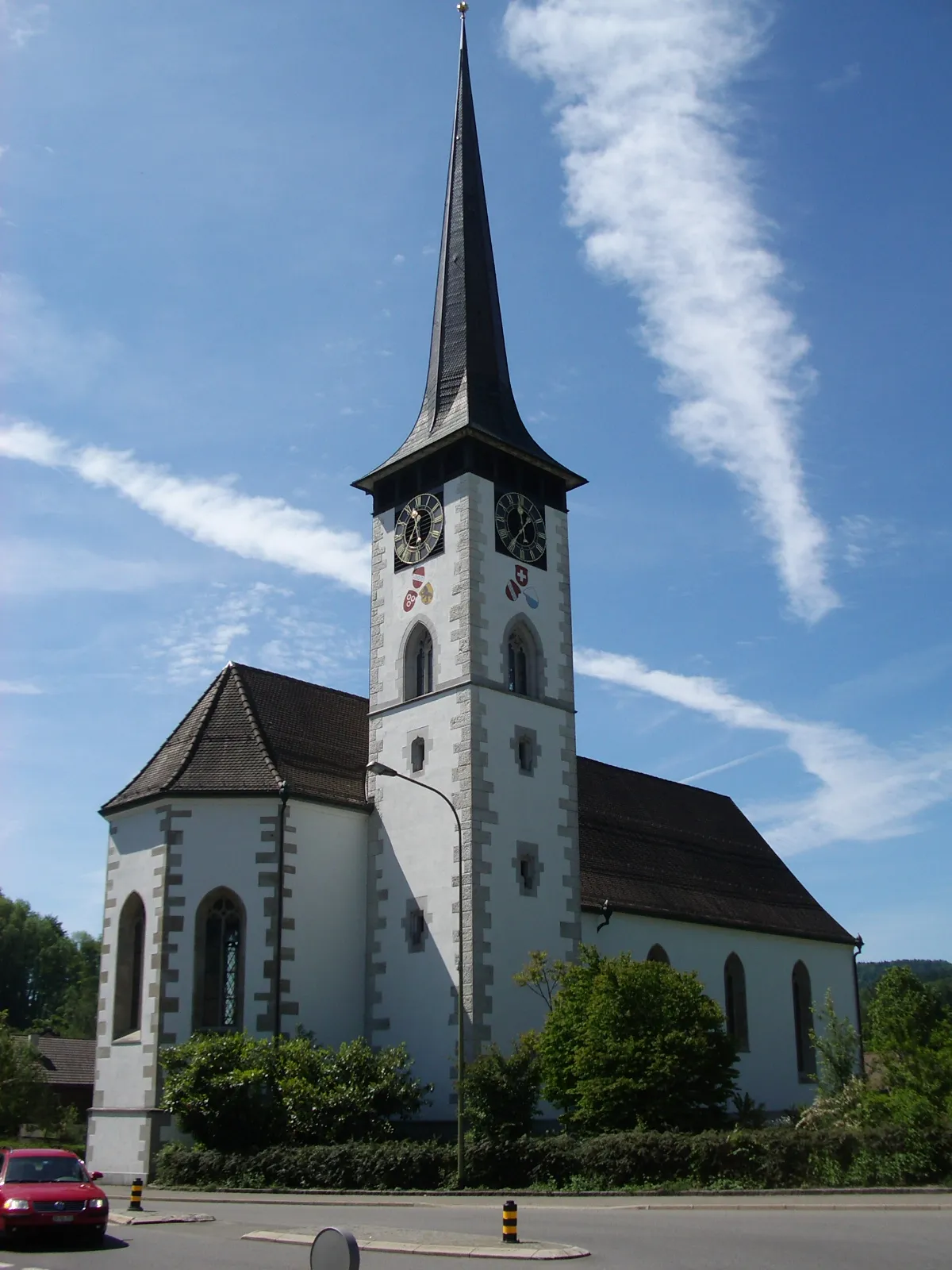 Photo showing: Turbenthal ZH, Switzerland, reformed church, steeple with painting of coat of arms by Alfred Marxer