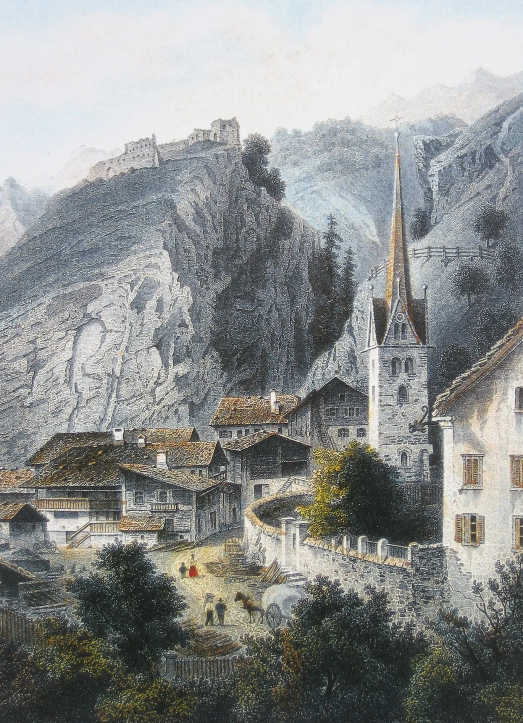Photo showing: Grüsch um 1860, im Hintergrund die Ruine Solavers. Ansicht von Südosten. Kol. Stahlstich von Ludwig Rogbock und Friedrich Julius Umbach