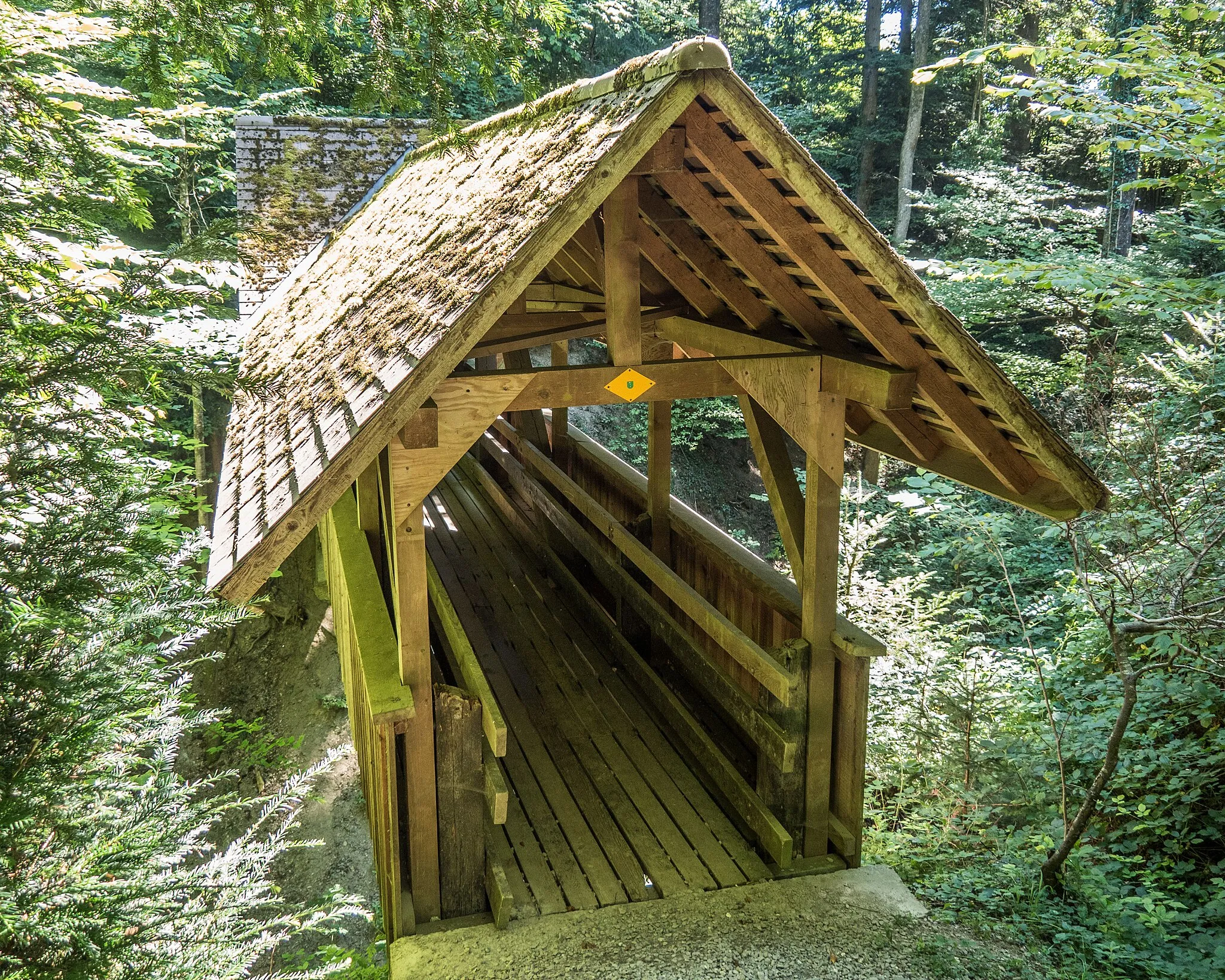 Photo showing: Covered Wooden Pedestrian Bridge over Schachenbach Triburtary, Eichberg, Canton of St. Gallen, Switzerland