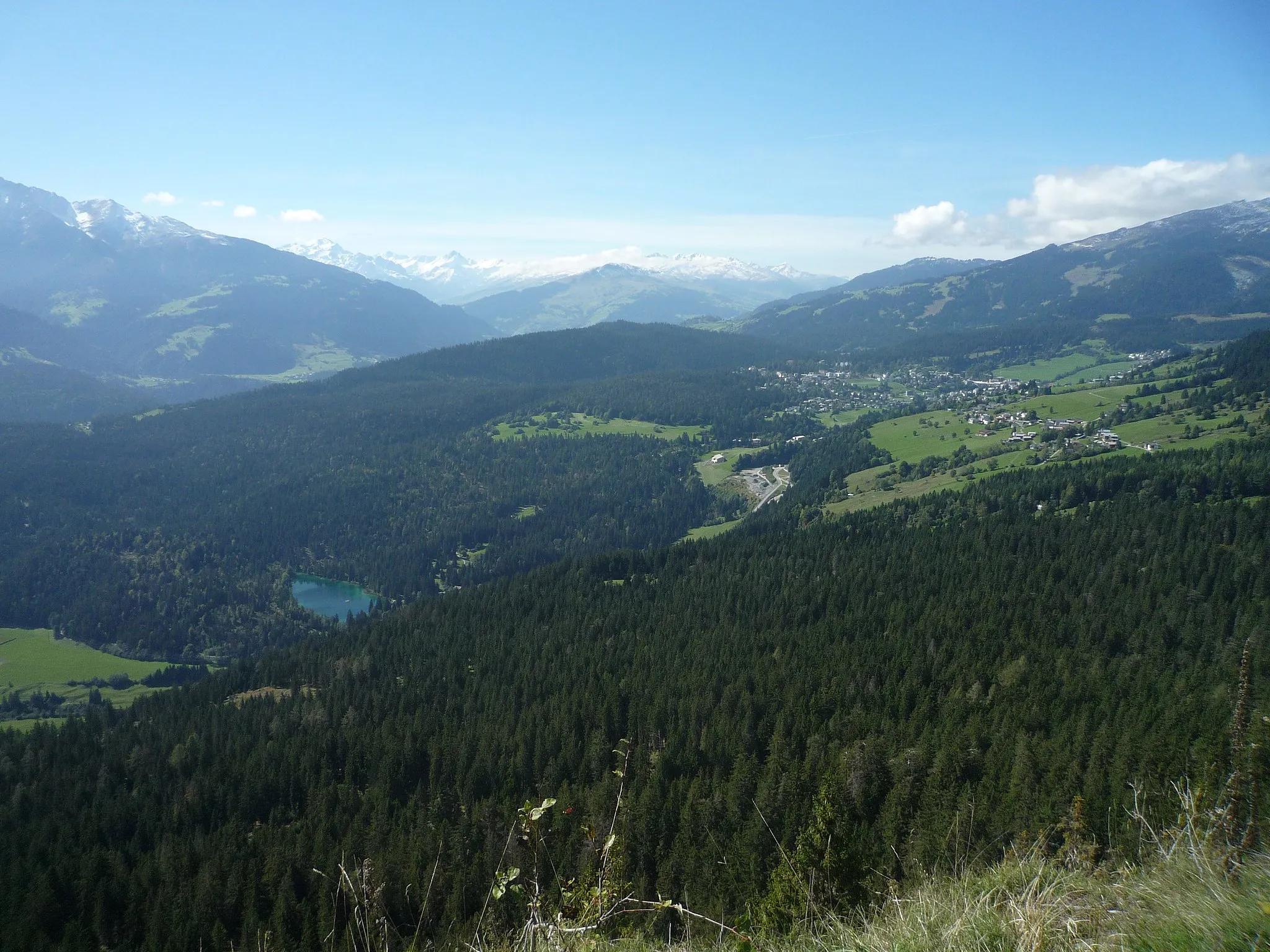 Photo showing: The debris area of the Flims Rockslide forms a huge forest (as this was not suitable for agriculture for all the years. Crestasee can be seen as well as Fidaz in the foreground and Flims Waldhaus in the rear.