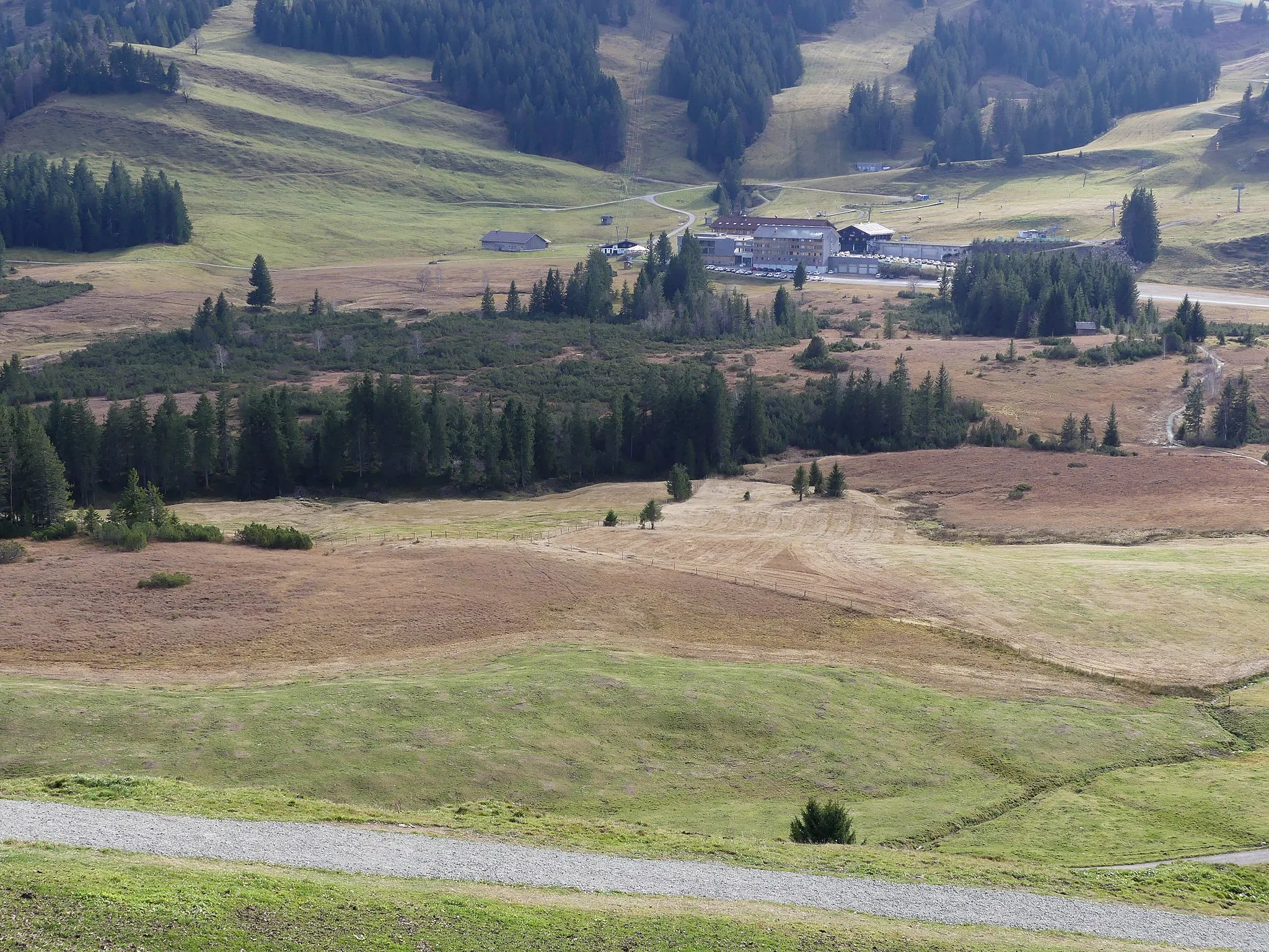 Photo showing: Vom Steinernen Tor aus gesehen überblickt man das Naturschutzgebiet Kojenmoos und das an dessen Grenze liegende Alpenhotel Hochhäderich.